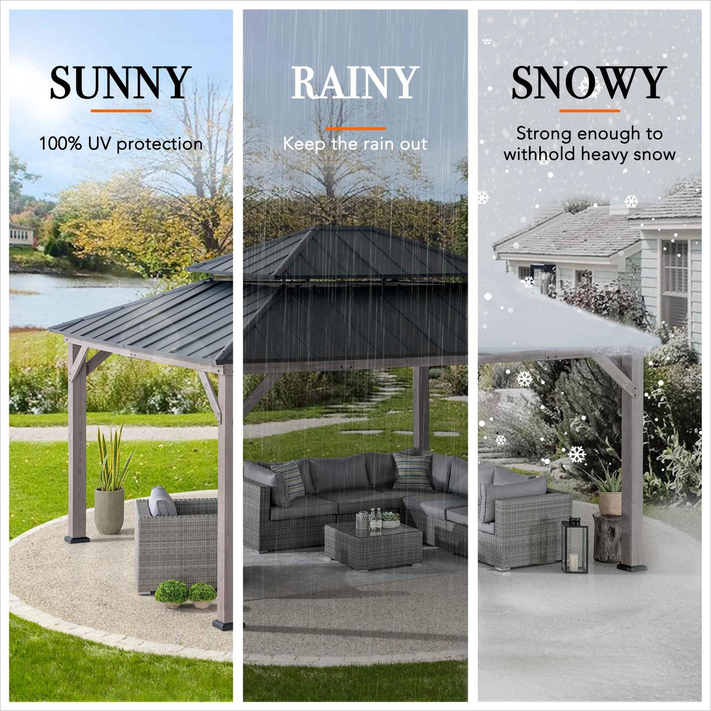 SUNJOY 13 x 15 ft. Wood Gazebo, Outdoor Patio Cedar Framed Wooden Hardtop Gazebo with 2-Tier Metal Roof, Suitable for Patios, Lawn and Backyard, Matte Black Roof + Gray Wood Frame