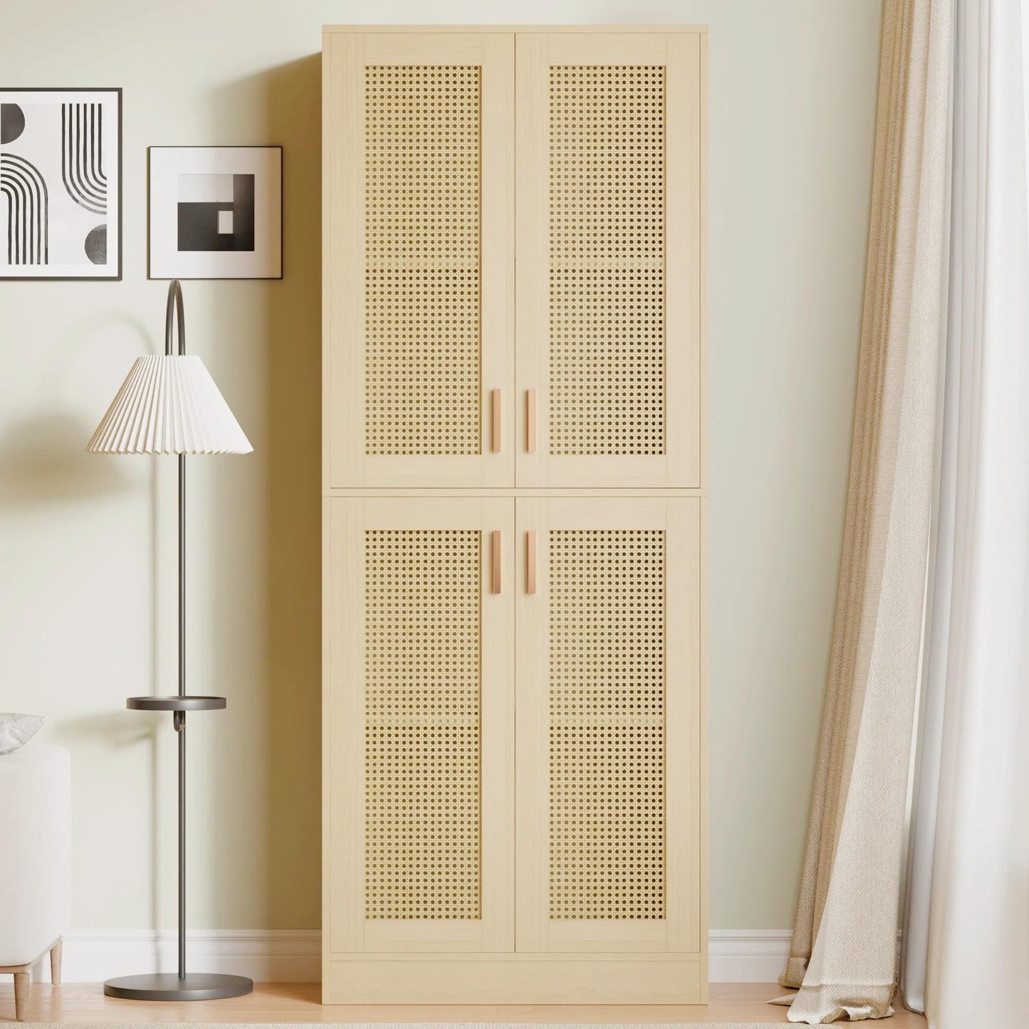 Cozy Castle Kitchen Pantry Cabinet, 71" Tall Rattan Doors Storage Cabinet and Adjustable Shelves, Modern Farmhouse Wood Cupboard Utility Hutch for Kitchen, Dining Room, Living Room (Oak)