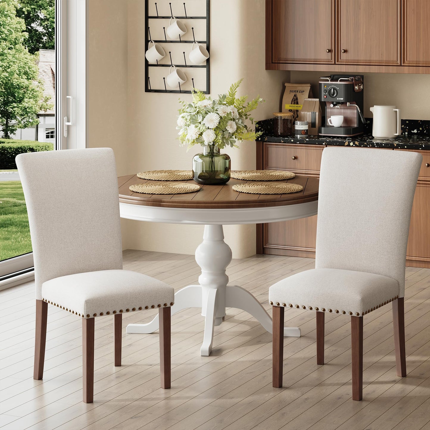 MALOL High Back Dining Chairs Set of 4, Upholstered Dining Room Chair with Wood Legs and Nailhead Trim, Modern Padded Kitchen Chairs for Dining Room/Restaurant, Beige