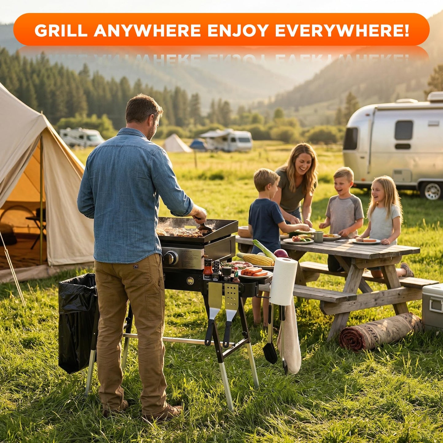 Outdoor Folding Grill Table, Adjustable Blackstone Griddle Stand, Fit 17” 22” Blackstone & Ninja Grills, Portable Camping Table for Outdoor BBQ & Tailgating