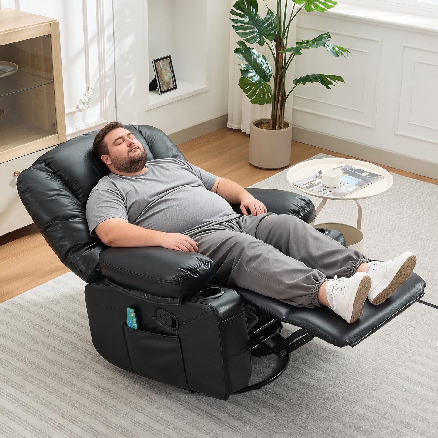 Rocker Recliner Chair with Heat and Massage,Nursery Recliner 360° Swivel Oversized Chairs for Adults,Chenille Lazy Boy Single Sofa Seat with 3 Positions,Side Pockets,Cup Holders for Living Room Black
