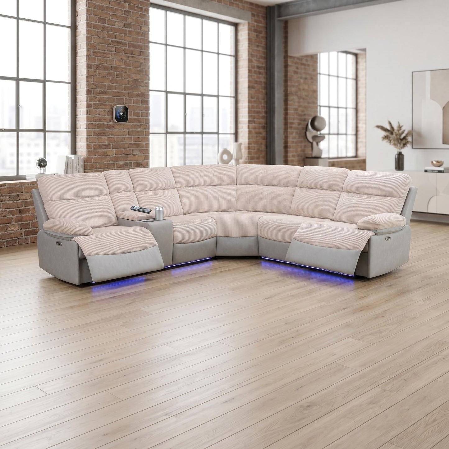 Trygoal Power Reclining Sectional Sofa Set, Modern L-Shaped Couch with Recliner, 4 Seat Power Reclining Sofa, Reclining Sectional Couches for Living Room, Home, Office, Leather, Off-White & Gray