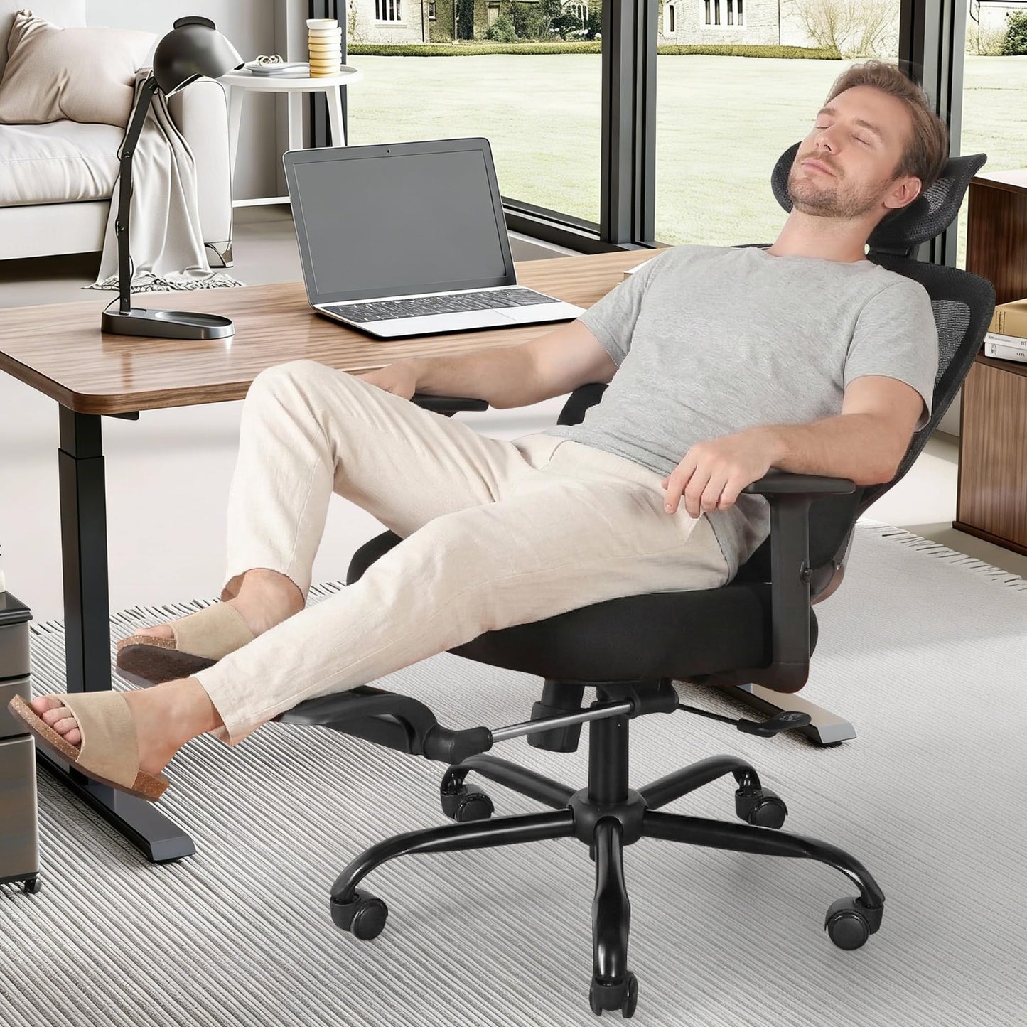 Ergonomic Office Chair with Footrest, Mesh Desk Chair with Adjustable Headrest & Armrests & Dynamic Floating Wing Lumbar Support, High Back Computer Chair for Home Office, BIFMA Certified, Black