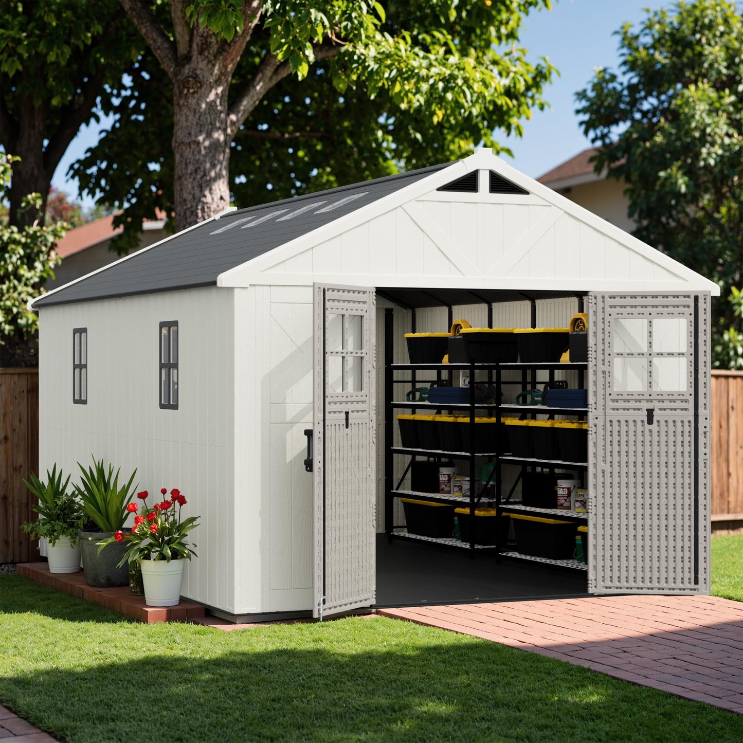 Greesum 10×14FT Plastic Outdoor Storage Shed with Floor and Lockable Door, Resin Sheds with 6-Windows and Multiple Skylights, Organization for Garden, Lawn, Backyard, Beige