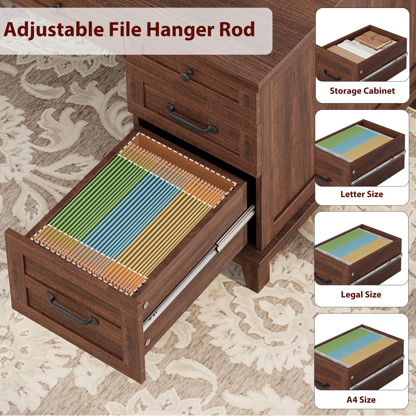 IDEALHOUSE Farmhouse Executive Desk 60 Inch, Wooden Home Office Desk with Adjustable Storage Cabinet, Built-in Charging Port, File Cabinet for Writing & Study, Elegant Workstation, Retro Brown