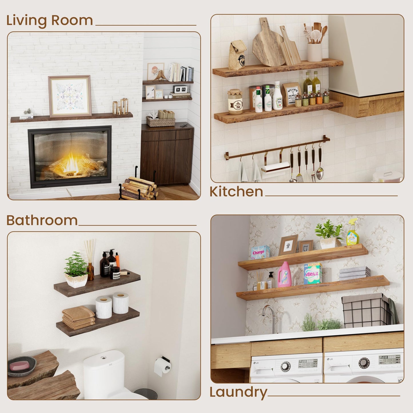Floating Shelves for Wall Decor, Rustic Solid Elm Wood Live Edge Floating Shelves Wall Mounted, Wall Shelves with Invisible Bracket for Living Room Bathroom Bedroom Kitchen, 72 Inch, Walnut