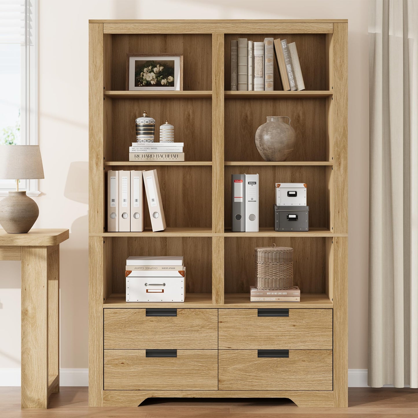 72" Tall Bookshelf with 4 Drawers, Farmhouse 6-Tier Double Wide Bookshelves and Bookcases with Storage, Freestanding Bookshelf Large Open Book Shelf for Home Offices, and Living Rooms