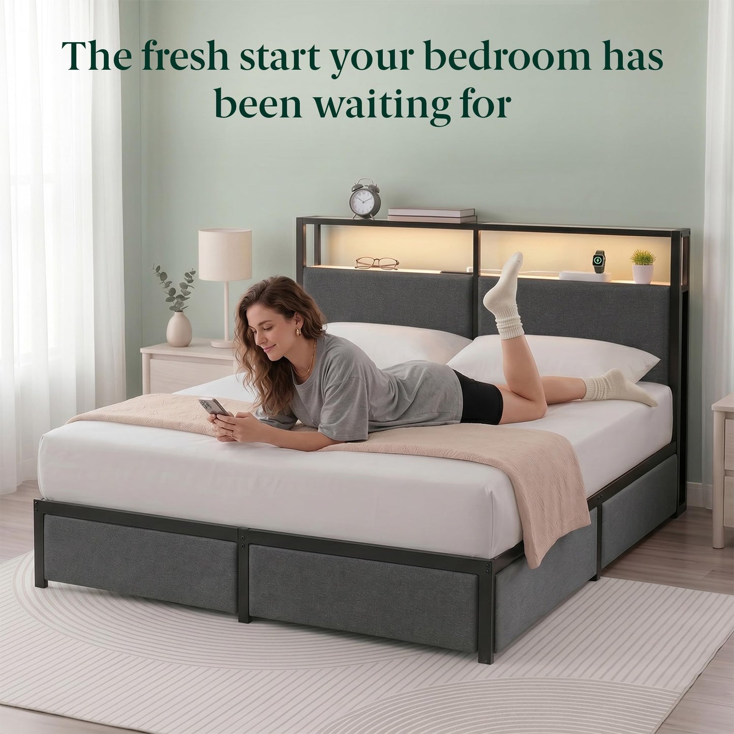 Zinus Michael Upholstered Platform Bed Frame, Space-Saving Two-Tier Headboard Storage and Four Underbed Drawers, Mood Setting RGB LED Lights, Built-in USB Charging Station, Ambient Night Light, Queen