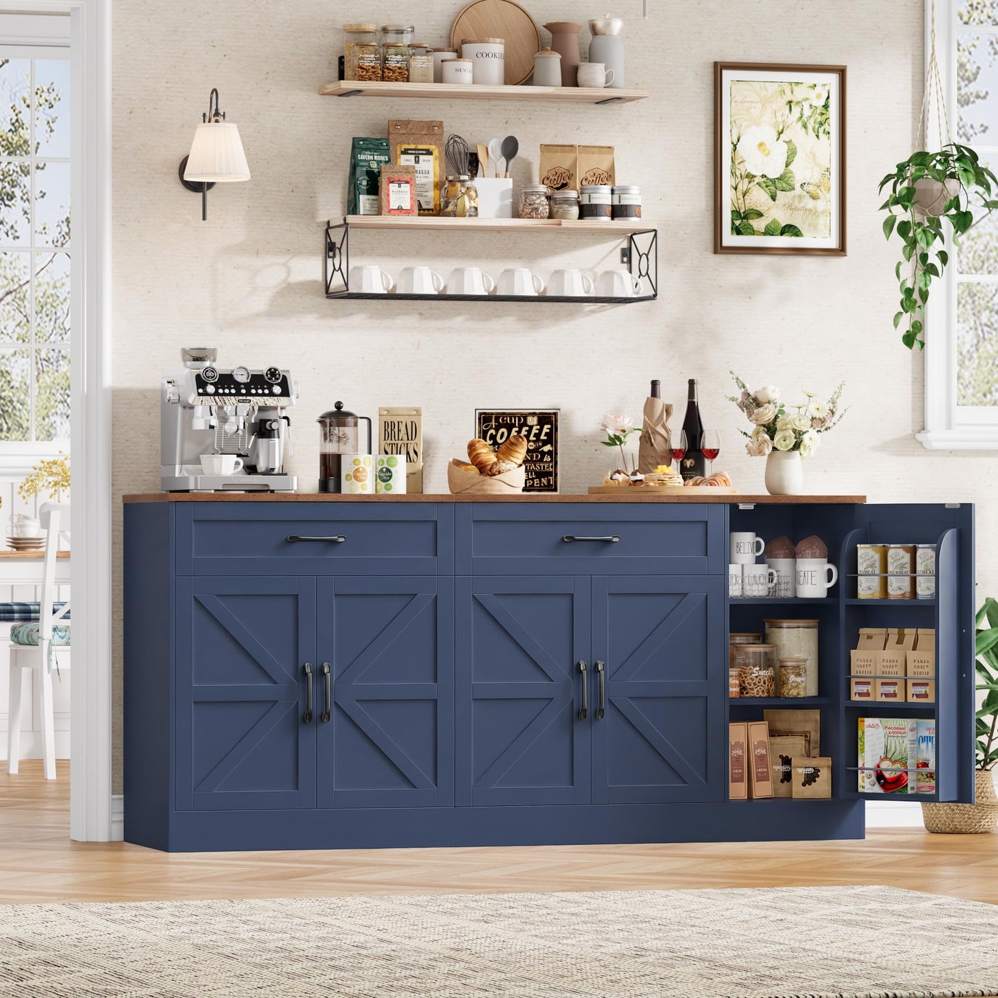 BOTLOG 71” Large Sideboard Buffet Cabinet with Storage, Farmhouse Buffet Cabinet with Adjustable Shelves and 3 Door Shelves, Wood Coffee Bar Console Table for Kitchen, Dining Room, Blue