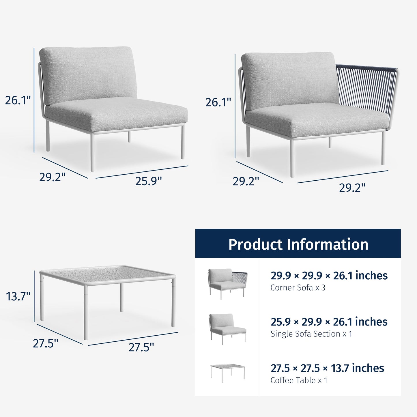 East Oak 5-Piece Montauk Modular Patio Furniture Set, Outdoor Sectional Sofa with Cushion and Glass Coffee Table, Modern Patio Conversation Set for Garden, Backyard and Porch, Grey