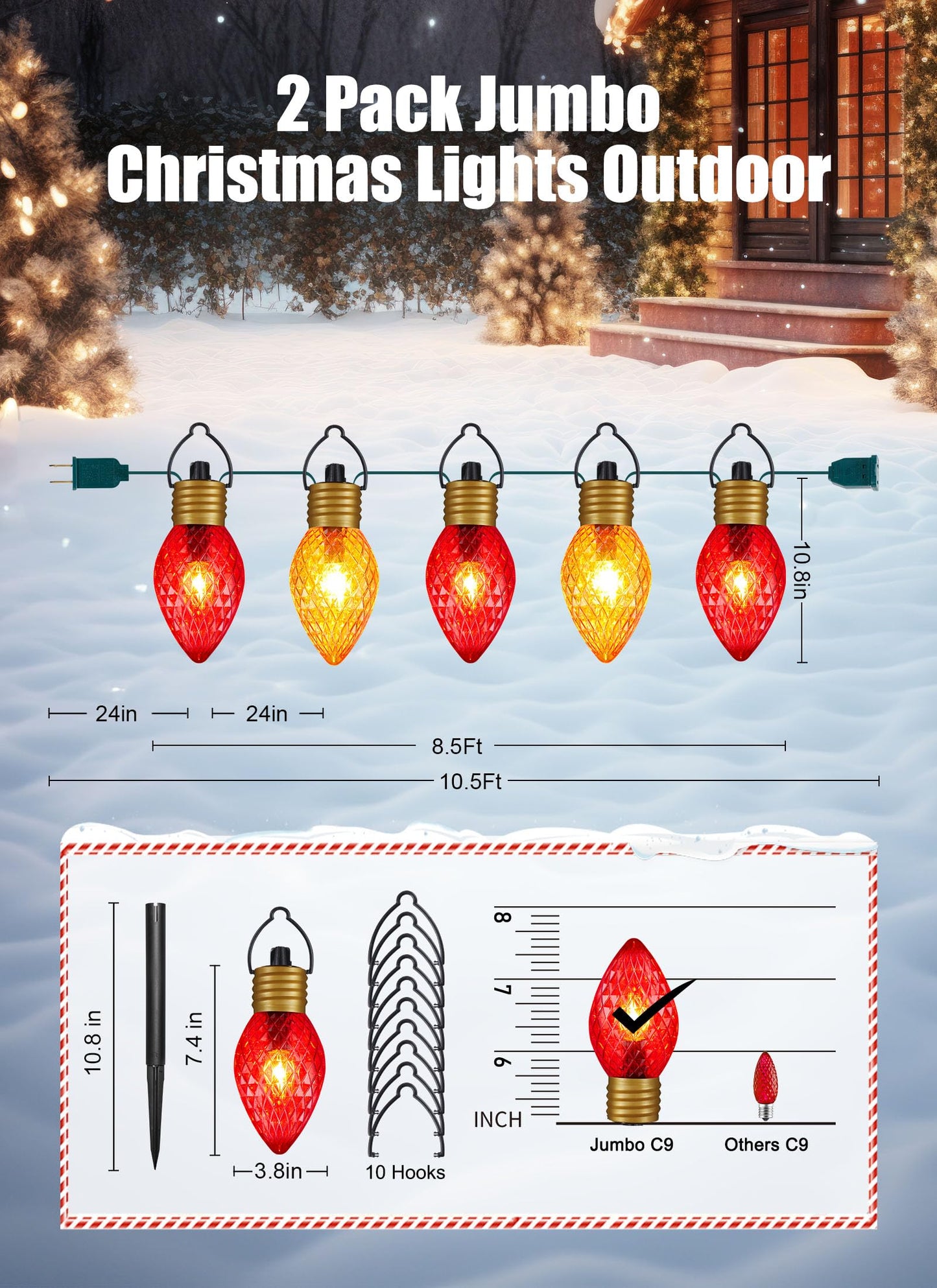 Minetom Christmas Jumbo Lights - 10.5ft C9 Pathway Lights, 2 Pack, Red & Warm White, Model GY-C-50.6-U-B1