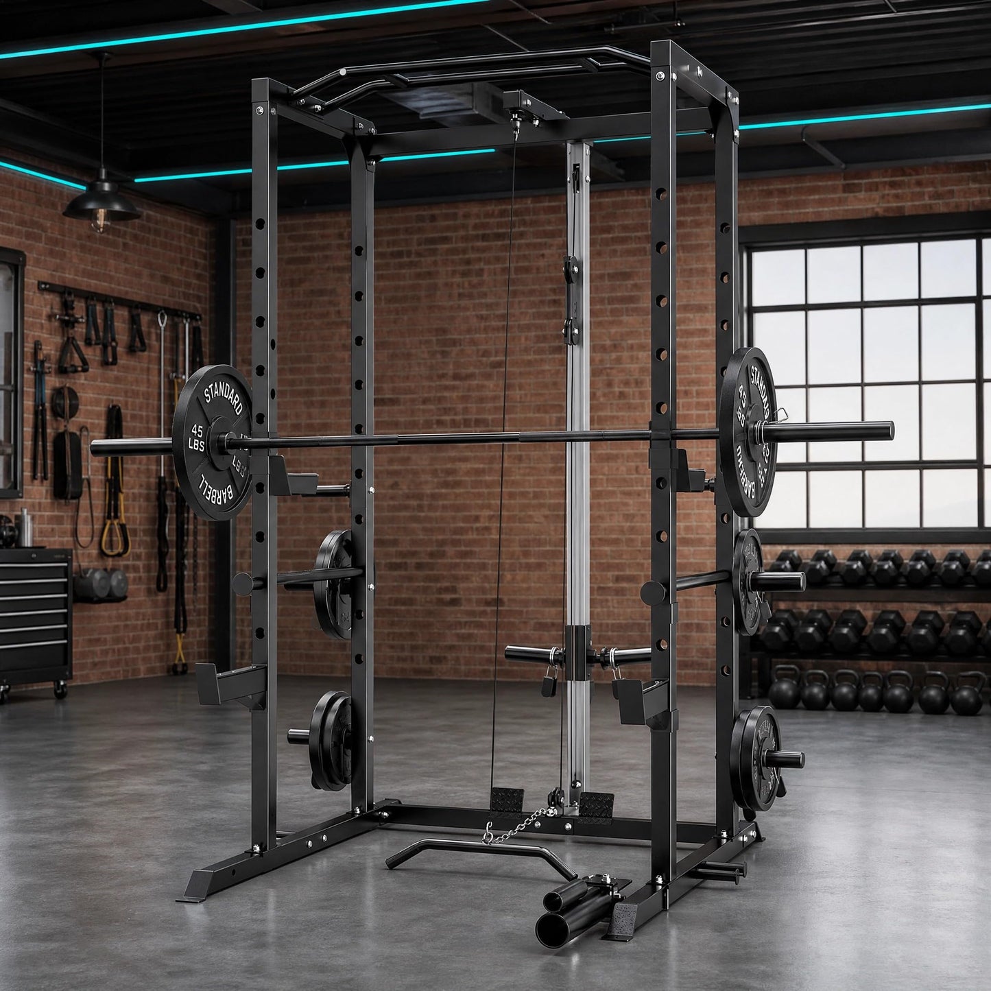 KOPUS Power Rack with Pulley System – Multi-Functional Power Cage Squat Rack, LAT Pull Down, J Hooks & Safety Bars – 1200 lbs Home Gym Equipment – 5 Configurations (Cage + Pulley + 150LB Weights)