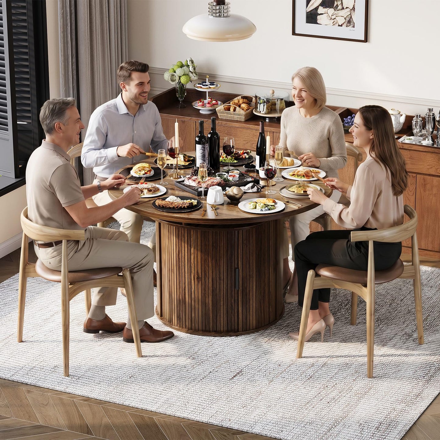 Garvee Extendable Round Dining Table with 2-Tier Storage Shelf & Drawer, 47.5 to 63 Inch Expandable Kitchen Table for 4-8 PM, Modern Farmhouse Fluted Pedestal Oval Circle Dinner Table, Walnut
