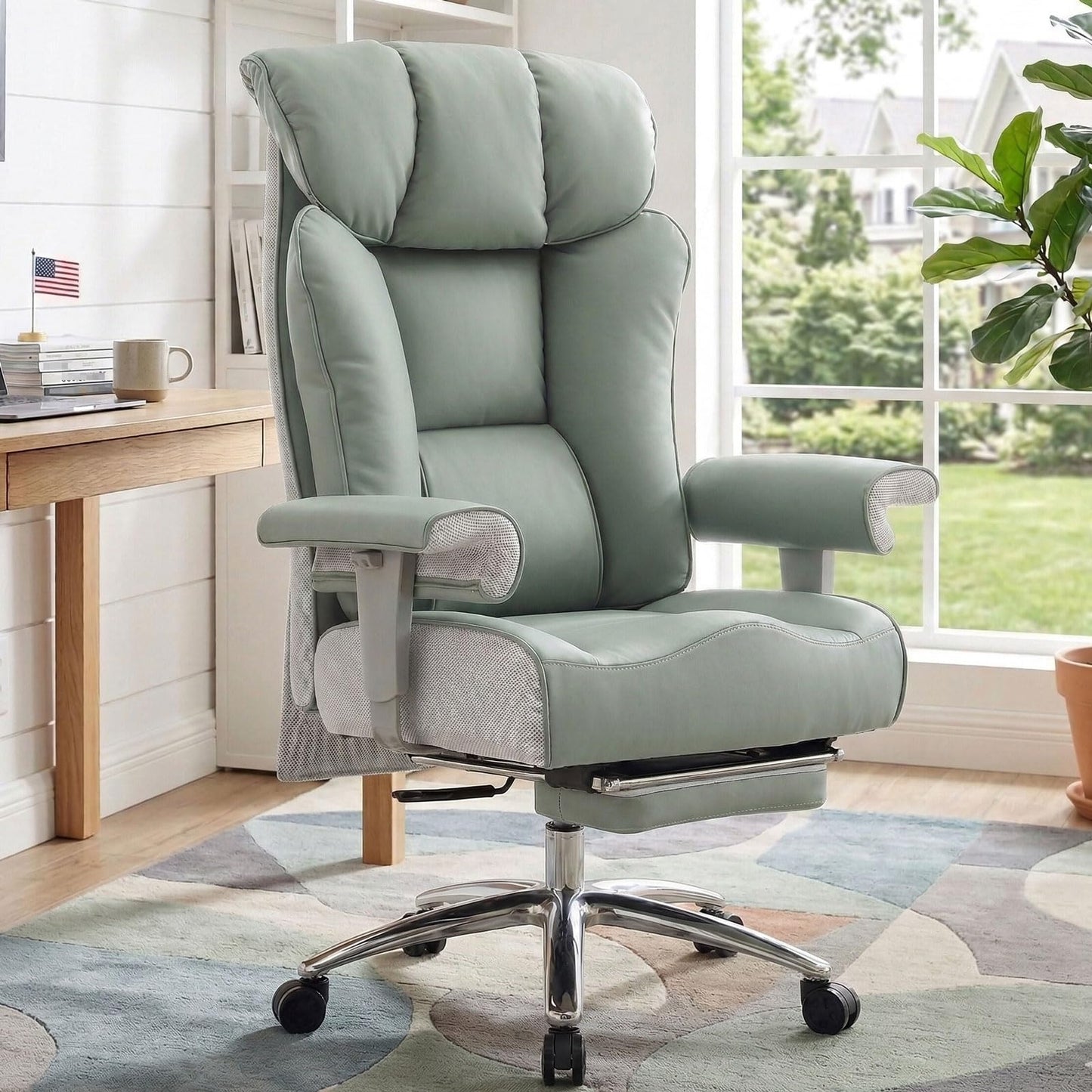 Efomao Big and Tall Office Chair 400lbs - Heavy Duty Executive Desk Chair with Foot Rest & 23" Wide Seat - High Back Ergonomic Leather Computer Chair for Heavy People, Home Office, Green