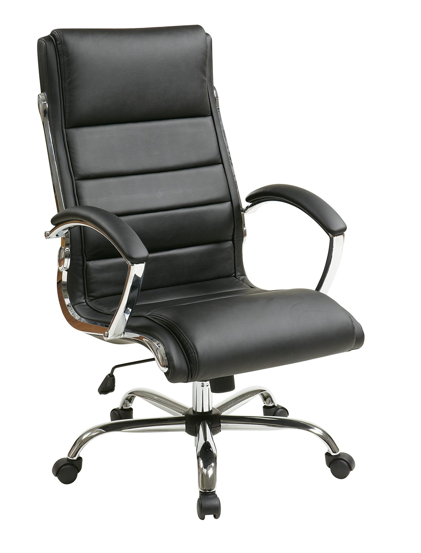 Office Star FL Series Faux Leather Adjustable Executive Office Chair with Padded Arms and Chrome Finish Accents, Black