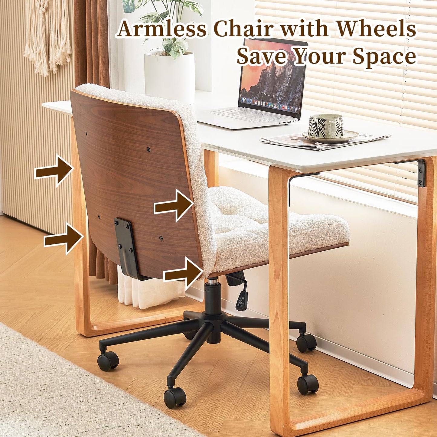 Furnimart Heavy-Duty FSC Wooden Wide Desk Chair, 360° Swivel Criss Cross Office Chair with Wheels, Comfy Cross Legged Sitting, Armless Rolling Chair for Bedroom, Office, Vanity (Faux Fur White)