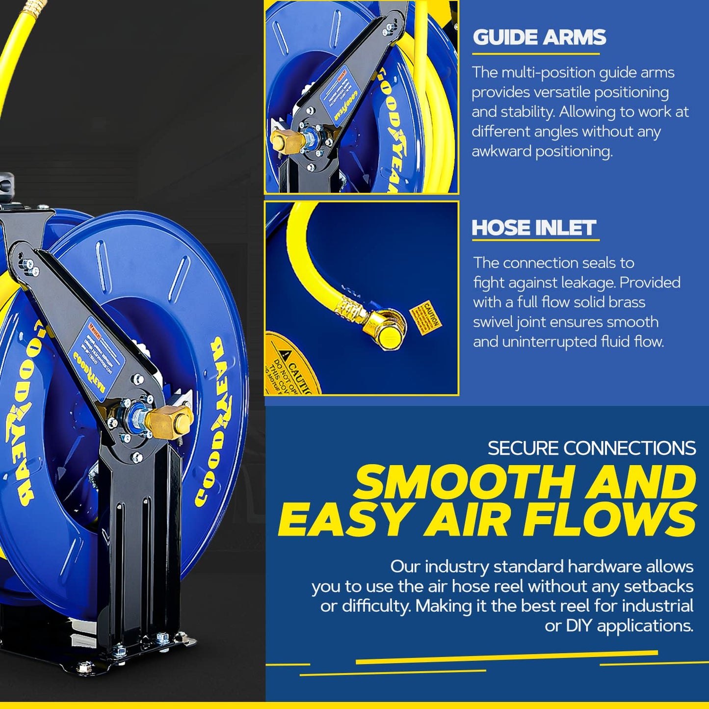 Goodyear Air Hose Reel Retractable 1/2" Inch x 50' Foot Long Premium Commercial Driven Sbr Hose Max 300 Psi Reinforced Steel Construction Heavy Duty Retractable Spring Industrial Dual Arm and Pedestal