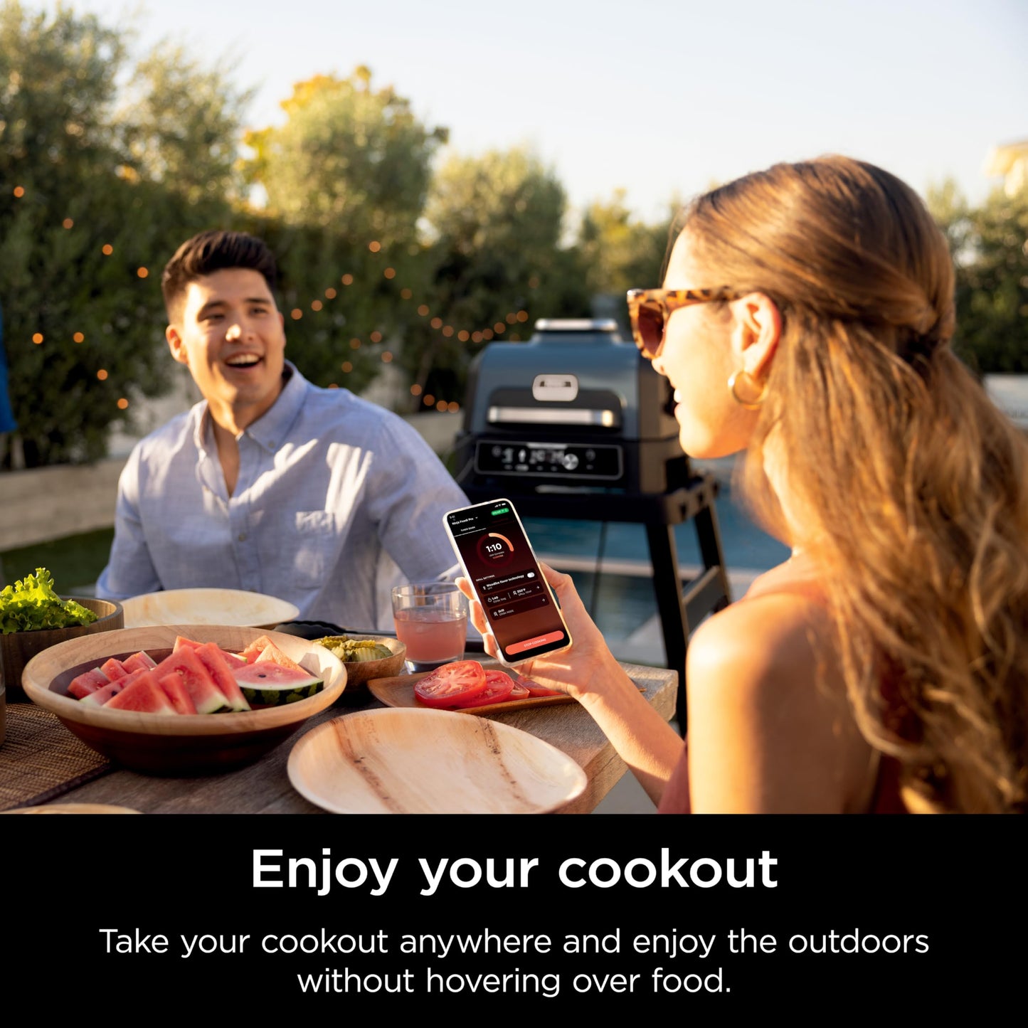 Ninja OG951 Woodfire Pro Connect Premium XL Outdoor Grill & Smoker, Bluetooth, App Enabled, 7-in-1 Master Grill, BBQ Smoker, Outdoor Air Fryer, Woodfire Technology, 2 Built-In Thermometers, Black/Blue