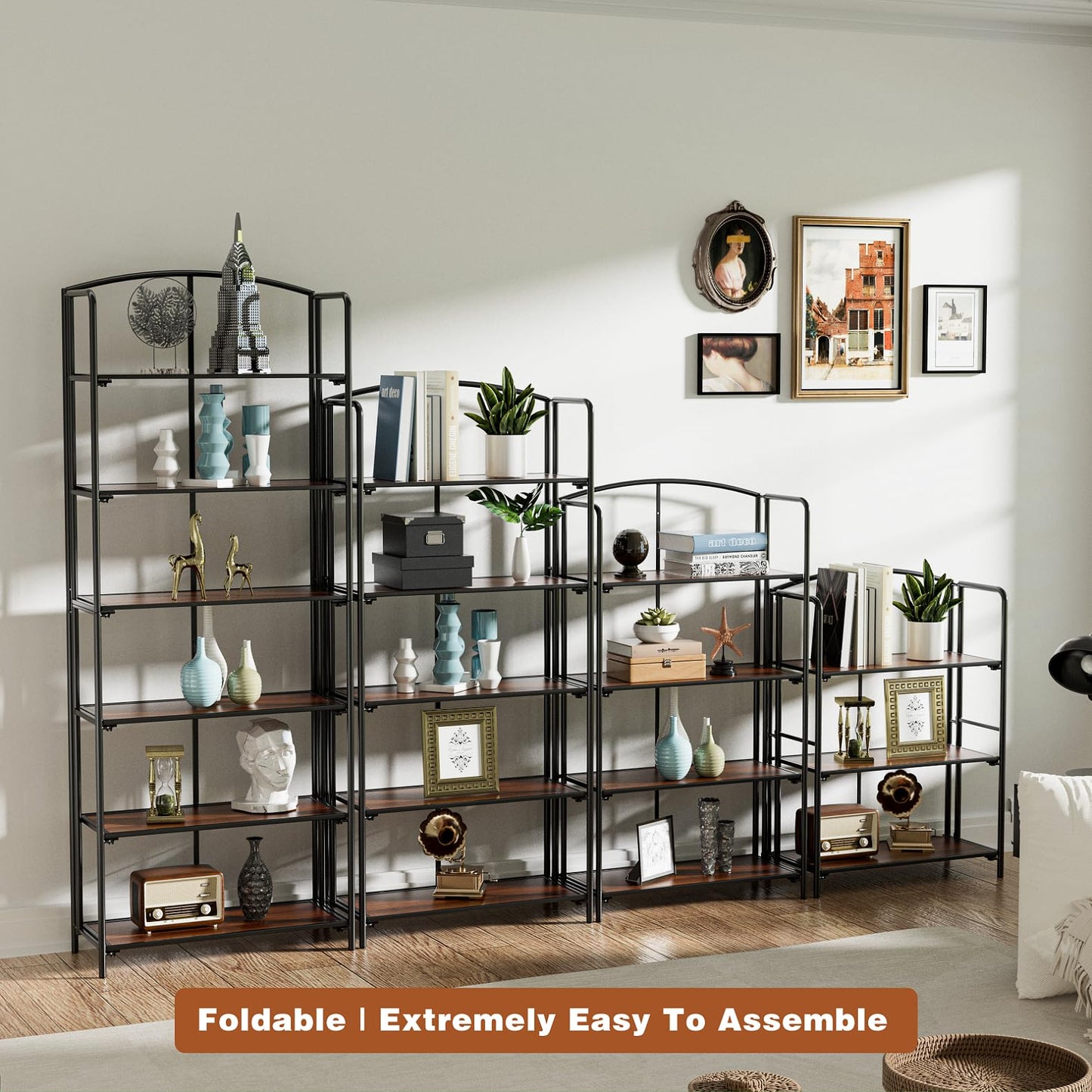 Crofy 5-Tier Wider Foldable Bookshelf, Black Frame & Walnut Shelves