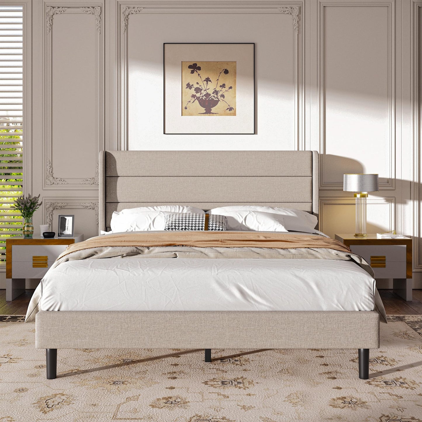 Mxhtcewz Queen Size Upholstered Platform Bed Frame, Modern Linen Fabric Bed with Wingback Headboard, Sturdy No Wobble, Noise-Free & Easy Assembly, No Box Spring Needed, Beige