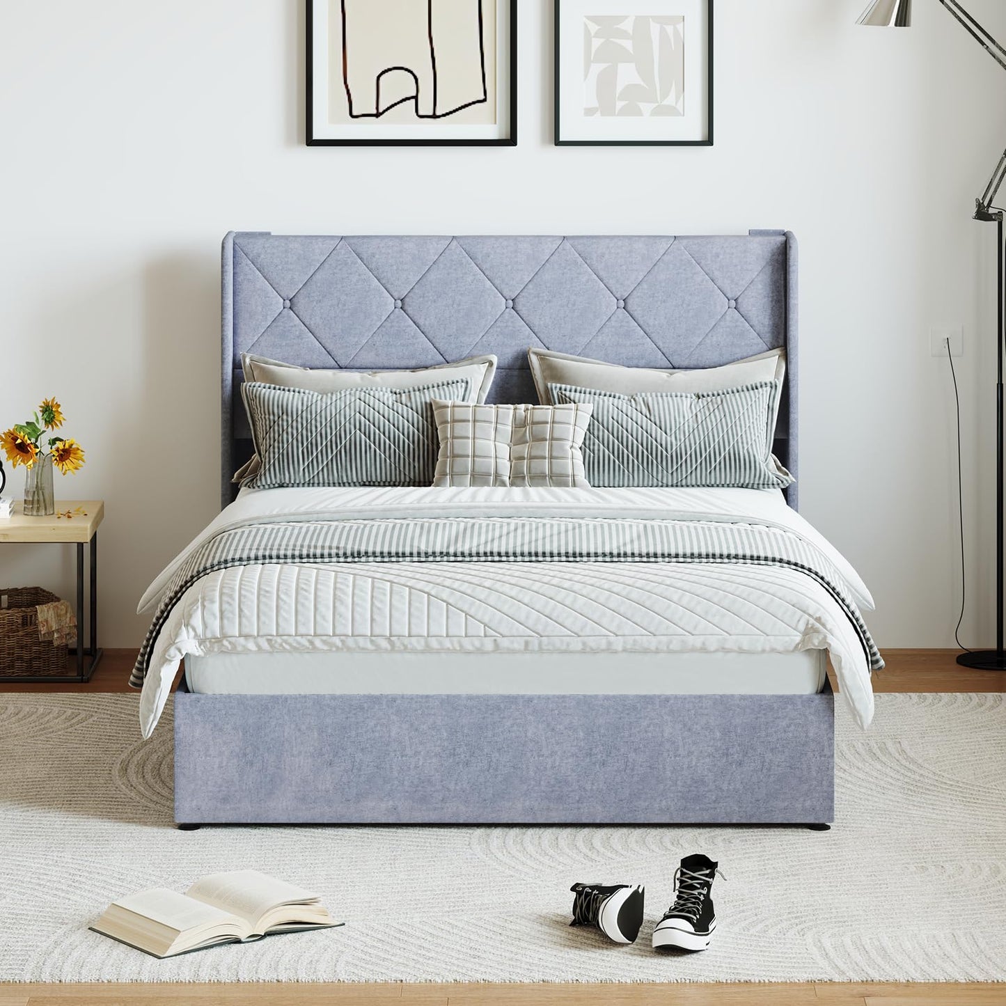 OLIXIS Full Size Lift Up Storage Bed with Wingback Headboard, Modern Upholstered Platform Bed Frame, Hydraulic Underneath Storage Space, Soft Velvet Platform, No Box Spring Needed, Grey
