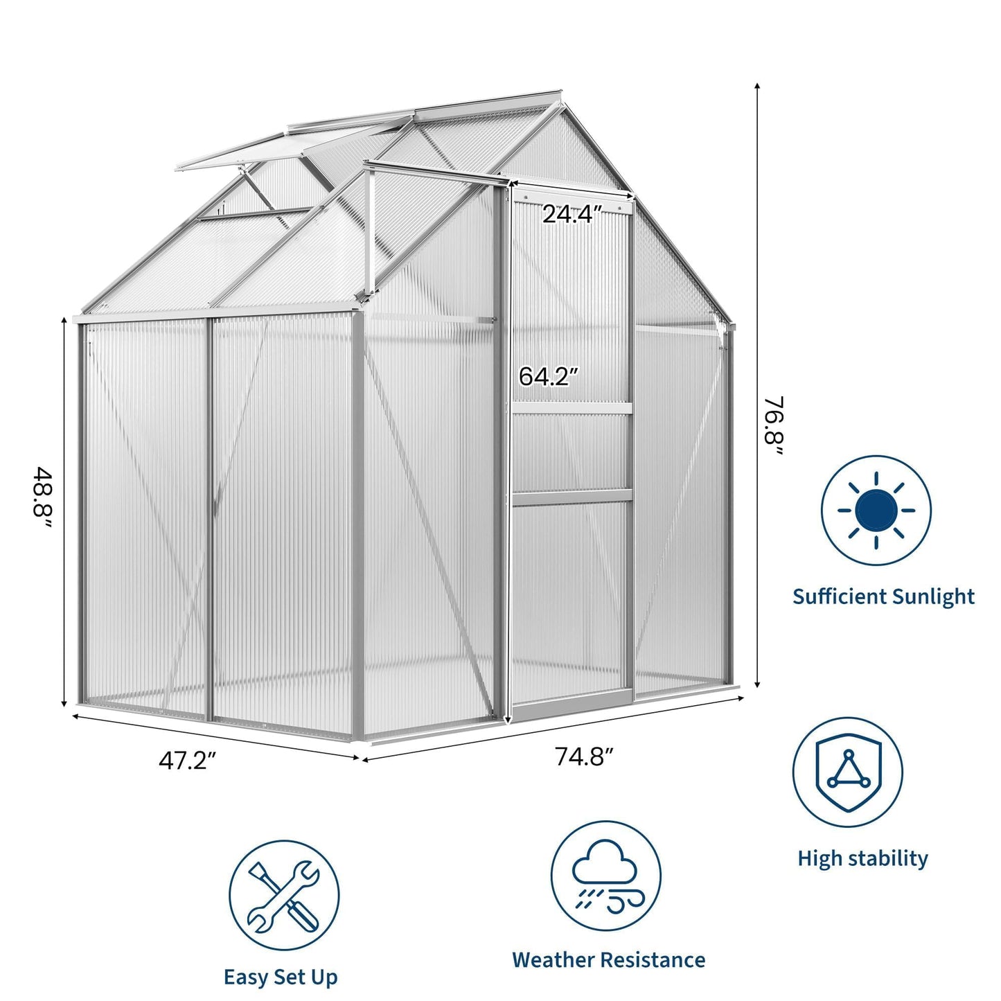 COZONY Heavy Duty Aluminum Frame Walk-in Greenhouse, 6x4 FT Polycarbonate Panels - Sliding Door, Adjustable Roof Vent, Rain Gutter - Weather Resistant Outdoor Garden Structure for Backyard, Patio,