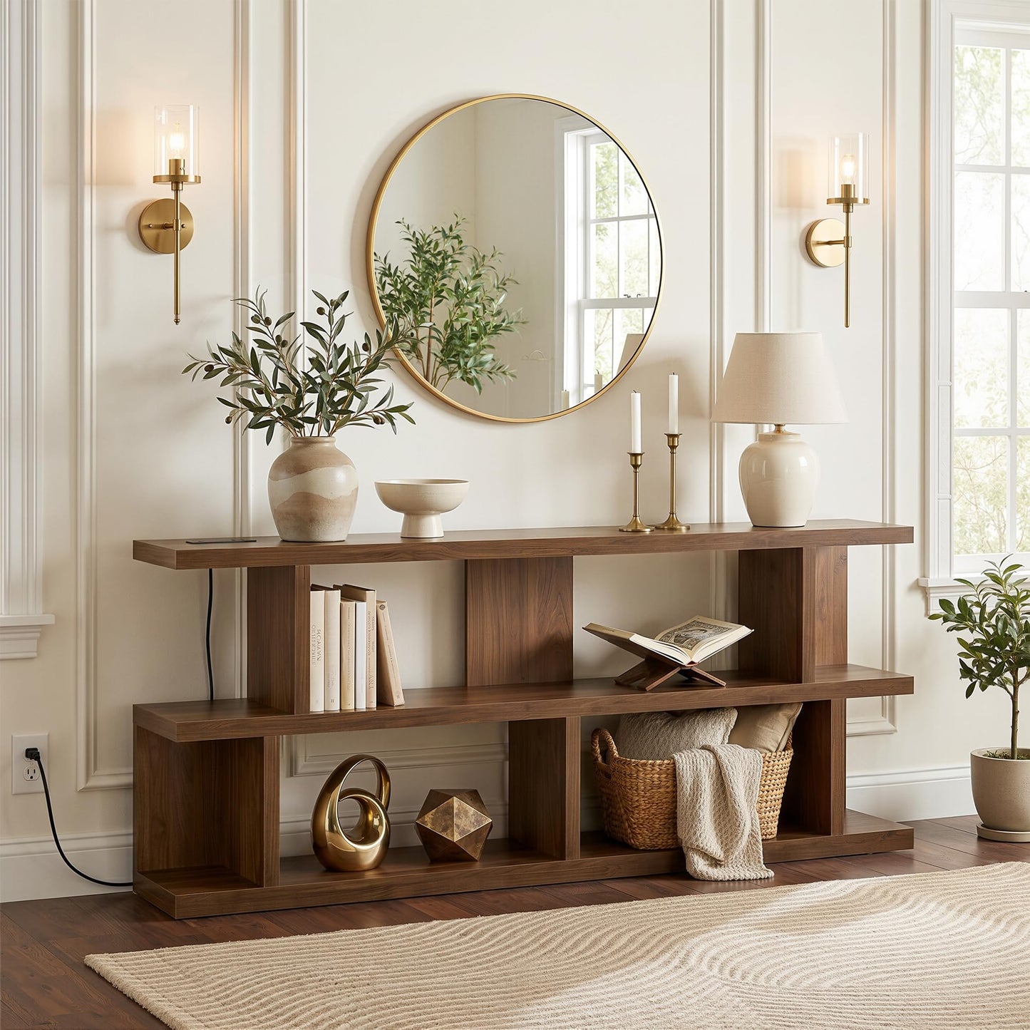 TIQLAB 71 Inch TV Stand Console Table with Power Outlets, Black Walnut