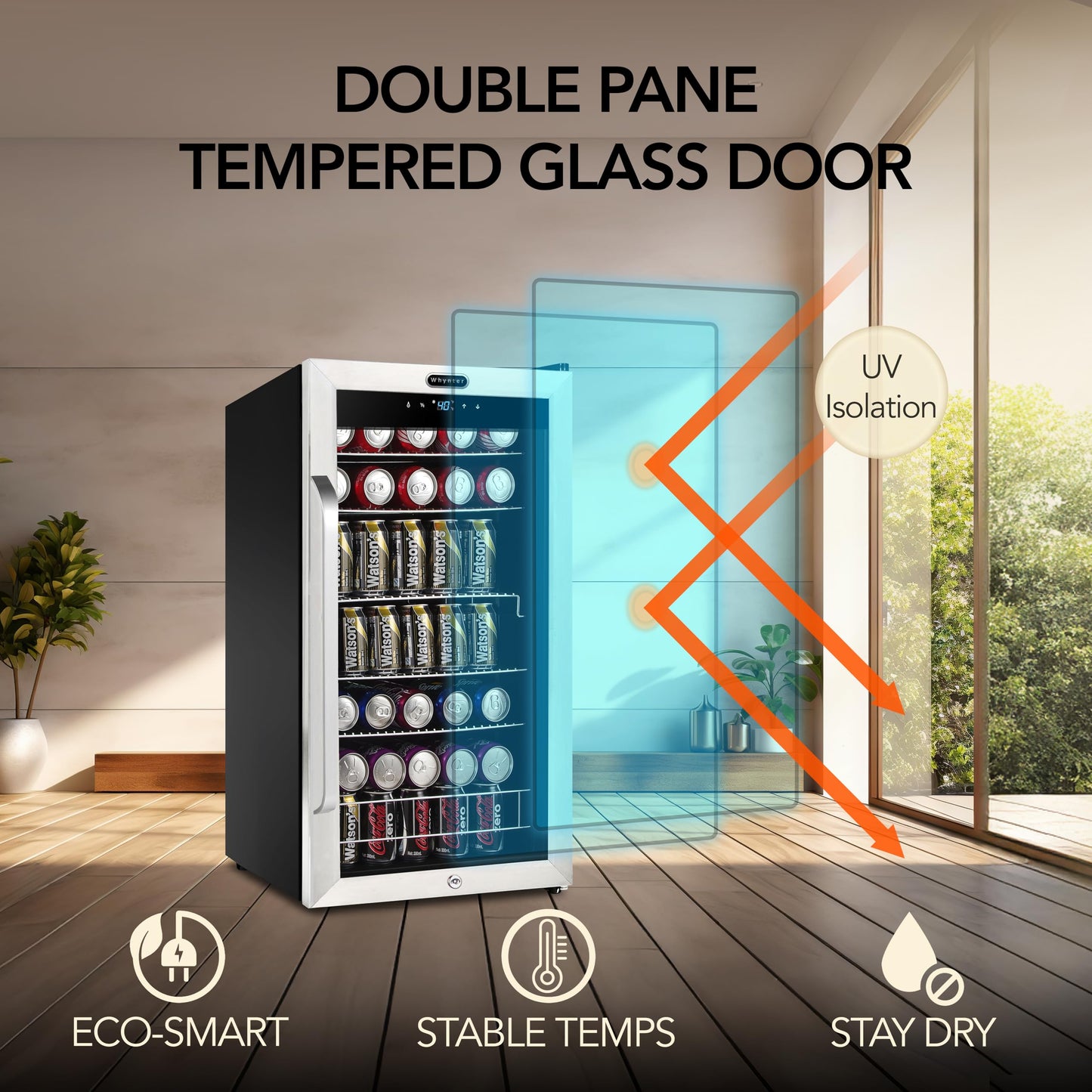 Whynter Beverage Refrigerator with Double-Layer Glass Door, 136-Can 3.4 Cu. Ft. Drink Mini Fridge with Lock & Digital Control, BR-1211DS, Stainless Steel