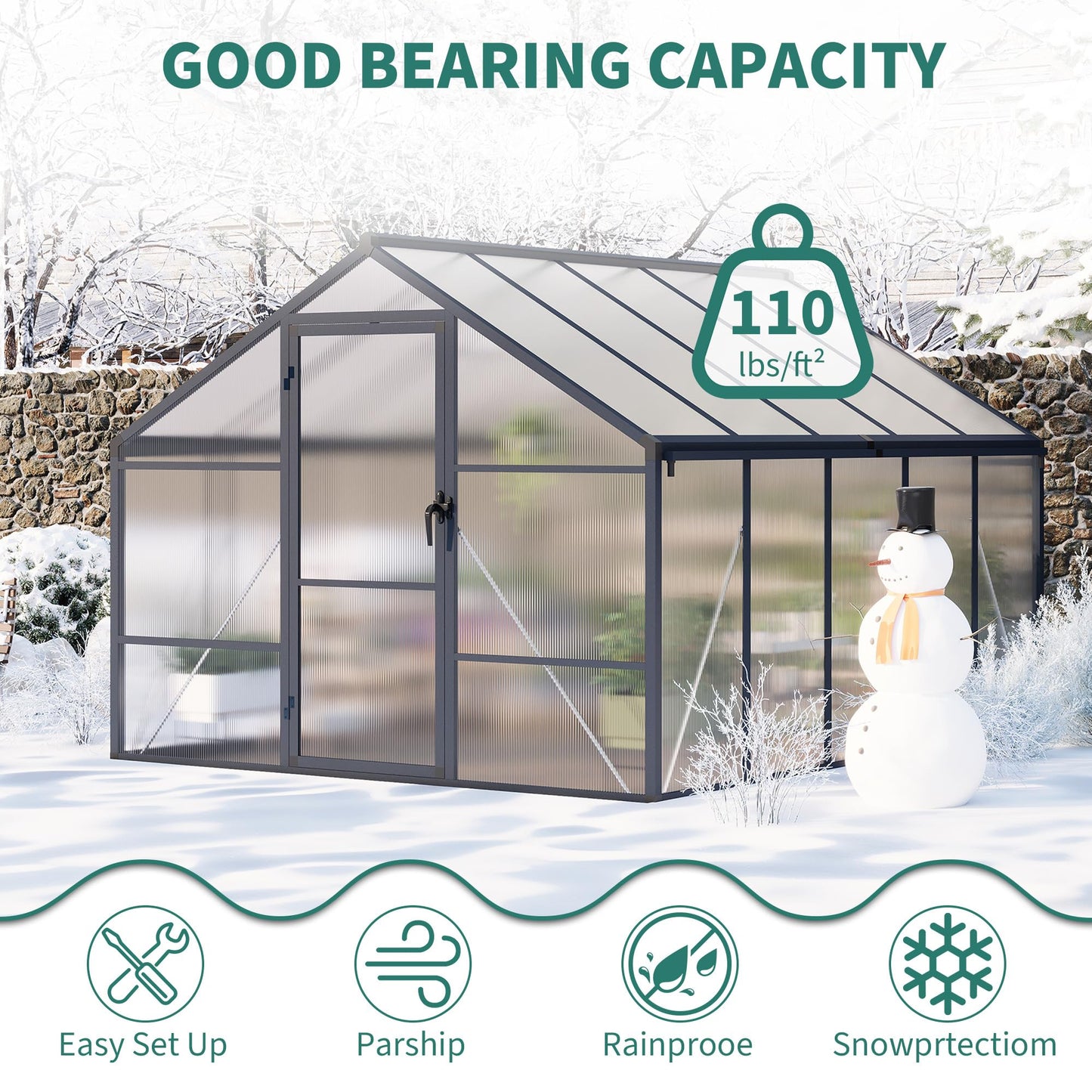 Garvee 8x10ft Greenhouse, Large Walk-in Greenhouse for Outdoors with Roof Vent & Lockable Outward-Opening Swing Door, Heavy Duty Aluminum Frame Polycarbonate Green House for Garden,Backyard,Lawn,Grey