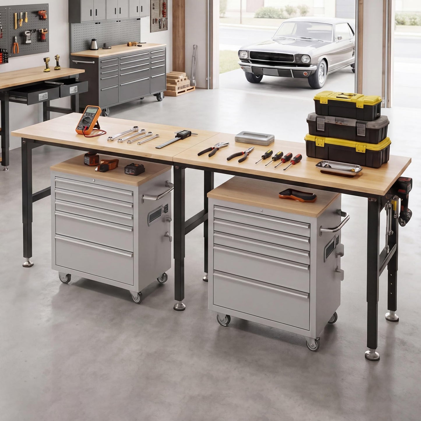 SPECRAFT 84" Adjustable Heavy Duty Workbench with 4 AC Outlet and 2 USB Ports Power Outlets, 6000 Lbs Capacity, Rubber Wood Top for Garage, Workshop, Office