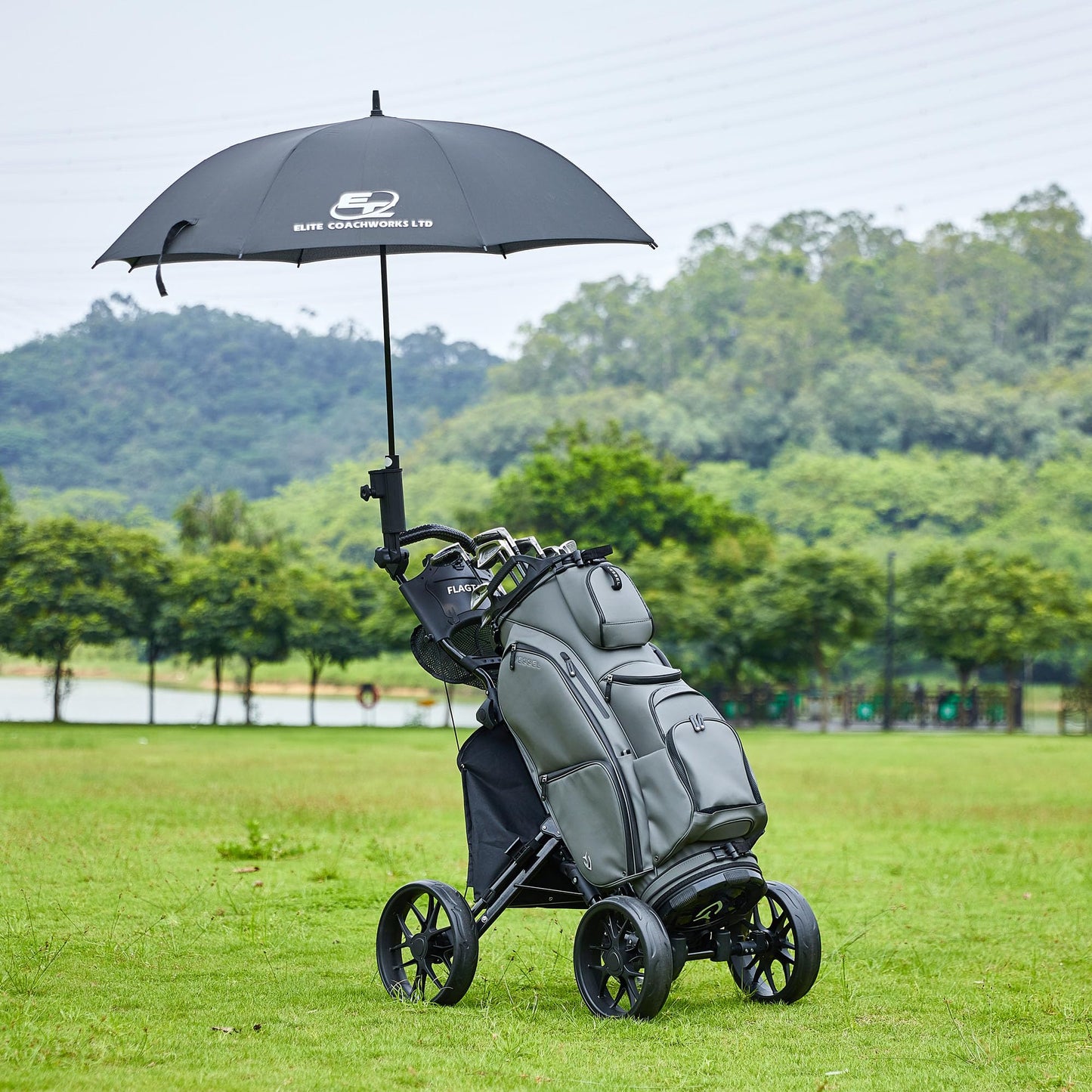 FLAGTAG Golf Push Cart 4-Wheels,Folding Golf Cart, Golf Pull cart with Cup Holder,Umbrella Holder,Cooler Bag, Foldable with one-Click,Handle Height Adjustable,Drink Holder,Walking Push cart