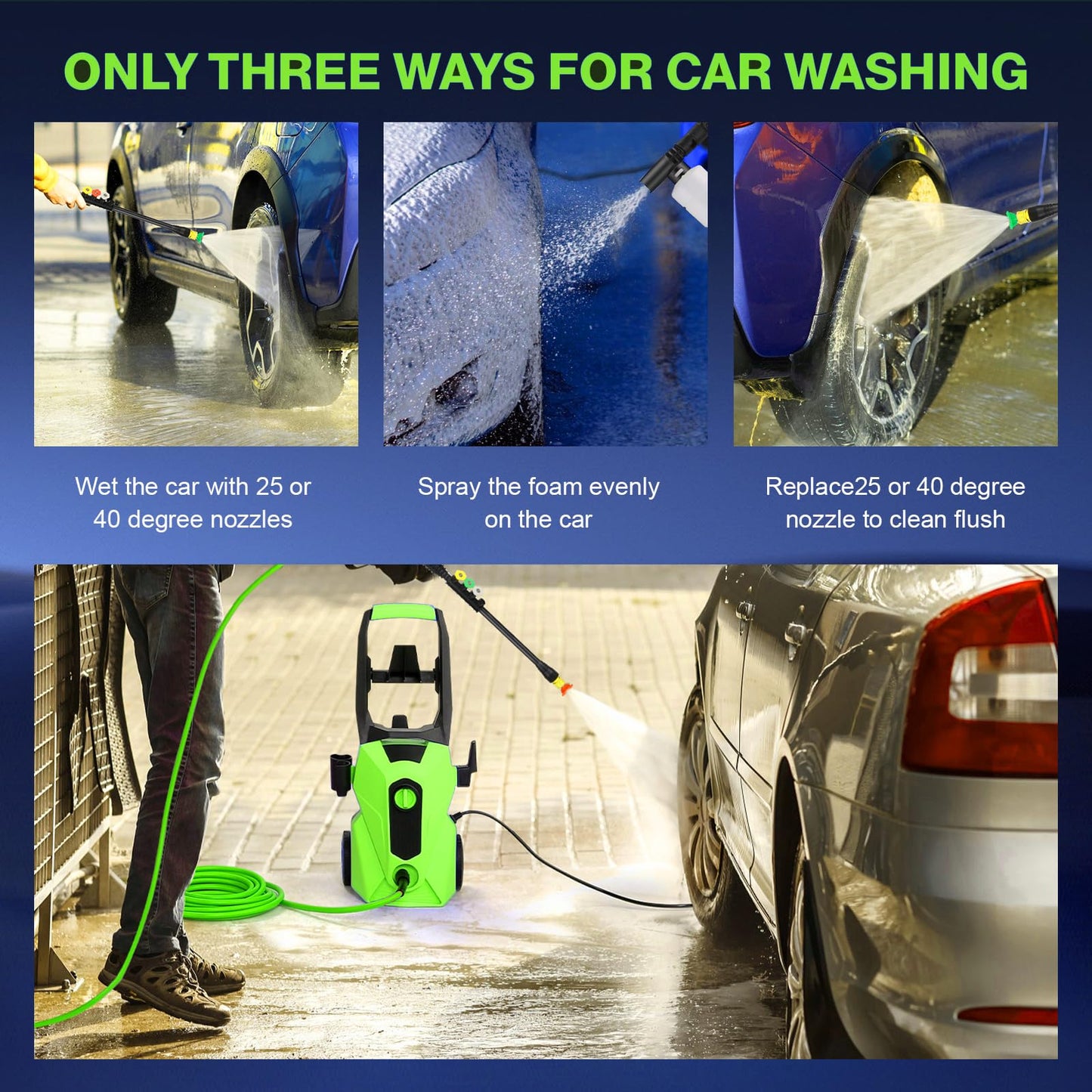 commowner 5000PSI Electric Power Washer with 33FT Flexible Extension Pressure Washer Hose, 4 Nozzles, Professional PowerWashers for Home/Car(Green)