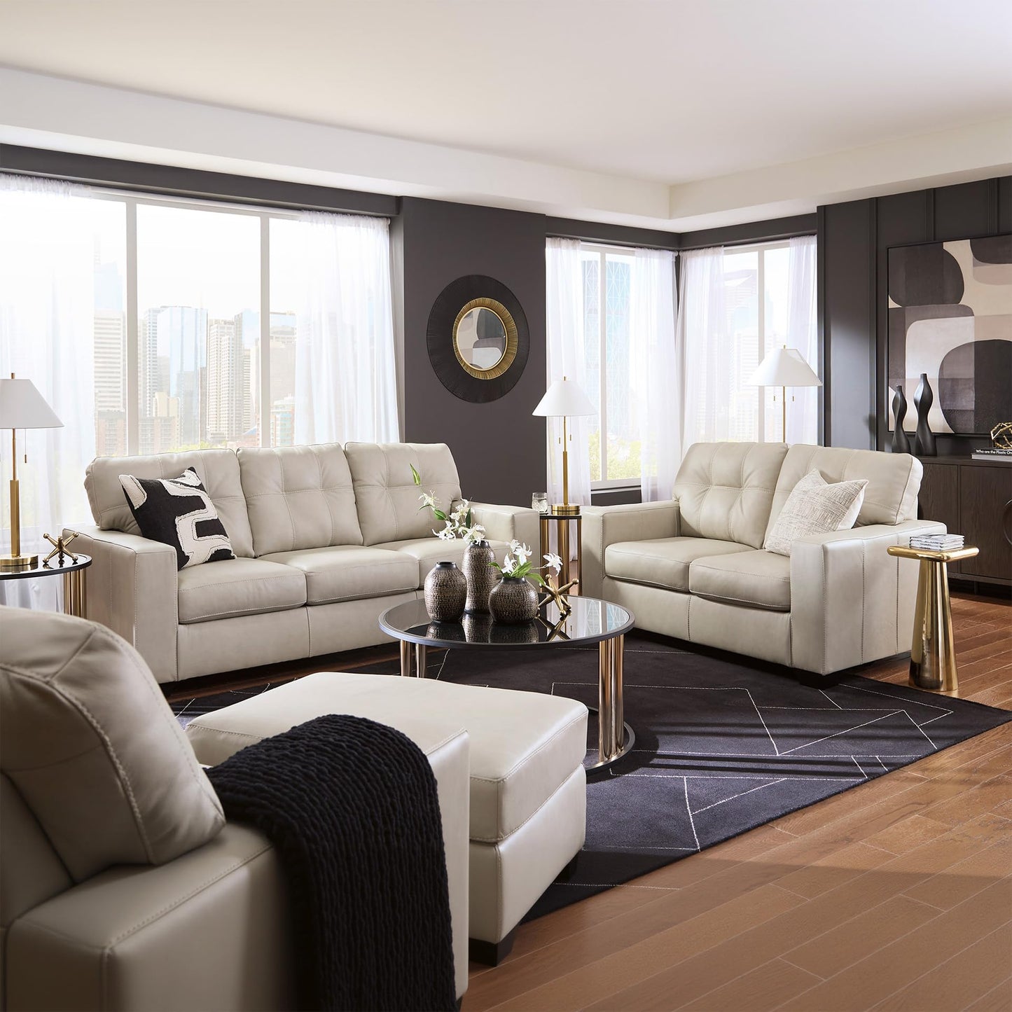 Signature Design by Ashley Santorine Classic Leather Match Loveseat with Tufted Cushion and Removable Cushion, Light Gray
