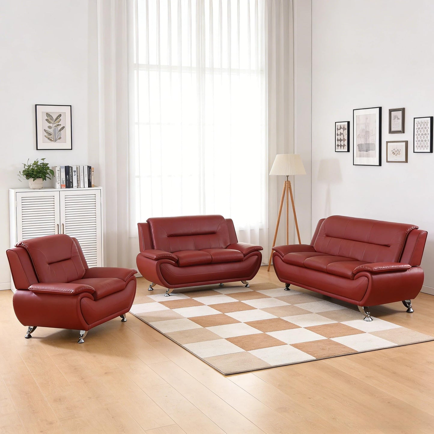 Trygoal 3 Piece Sofa Sets for Living Room, Modern Sectional Couch and Loveseat & Armchair Set, Mid-Century Furniture Sets for Living Room, Apartment, Office, Red