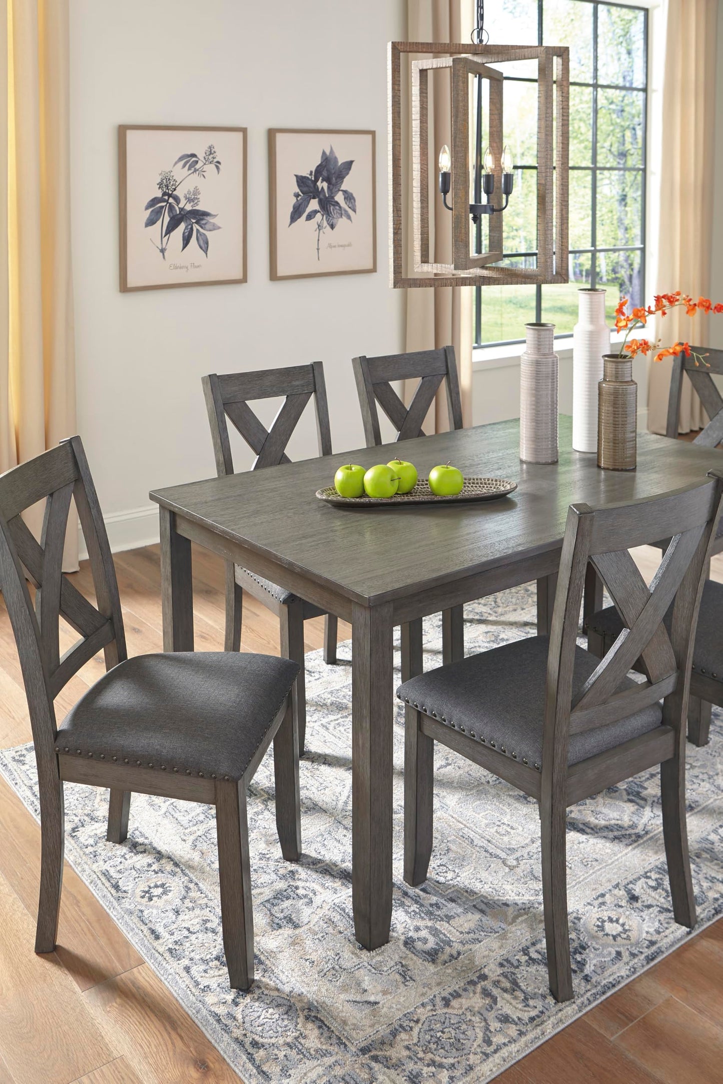 Signature Design by Ashley Caitbrook Rustic 7-Piece Dining Set – Rectangular Table with 6 X-Back Upholstered Chairs, Gray