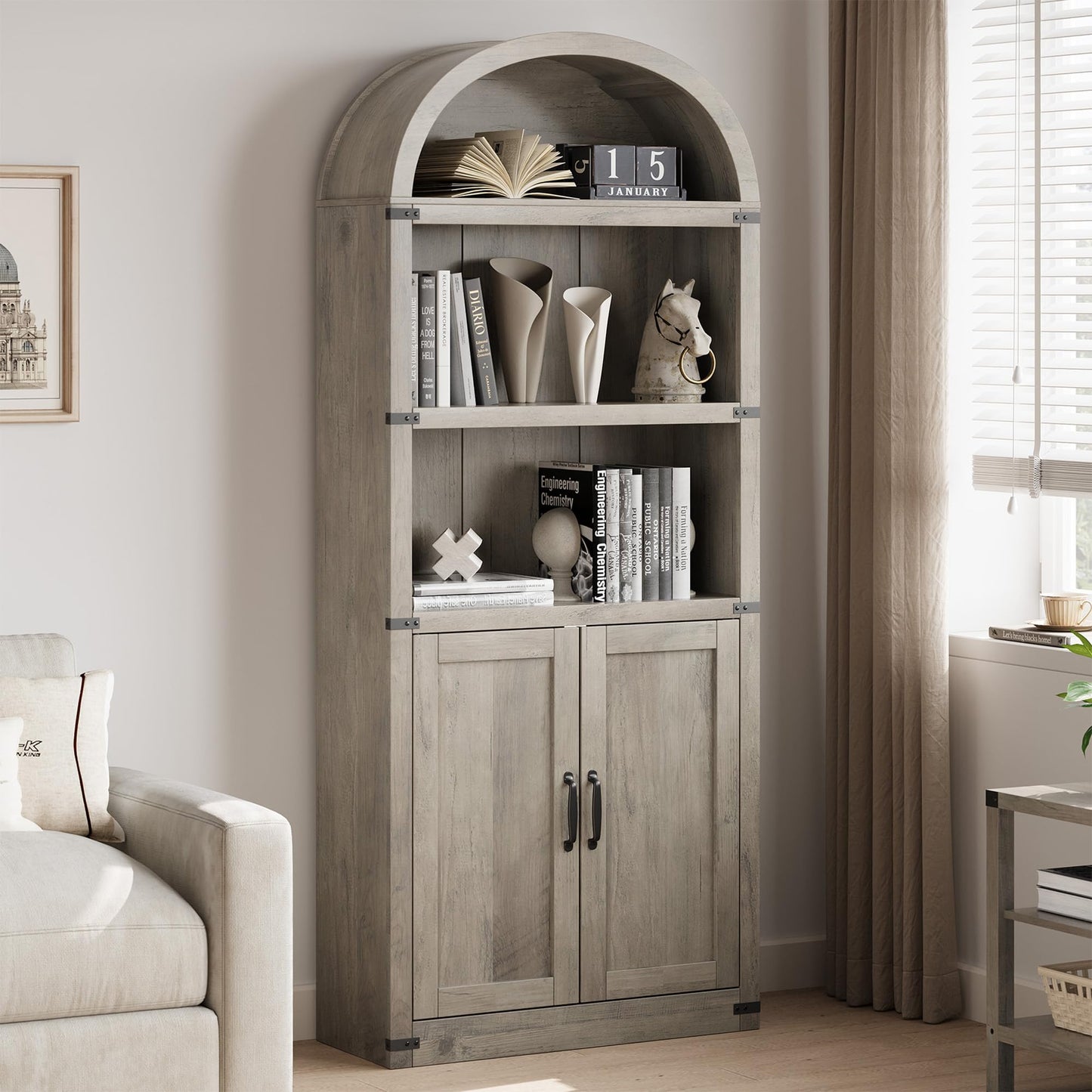 GarveeHome Bookcase with Doors Arched Bookshelf 71.65 in Tall Bookcase Farmhouse Cabinet with Shelves Wooden Bookshelves for Home Office, Living Room (Grey)
