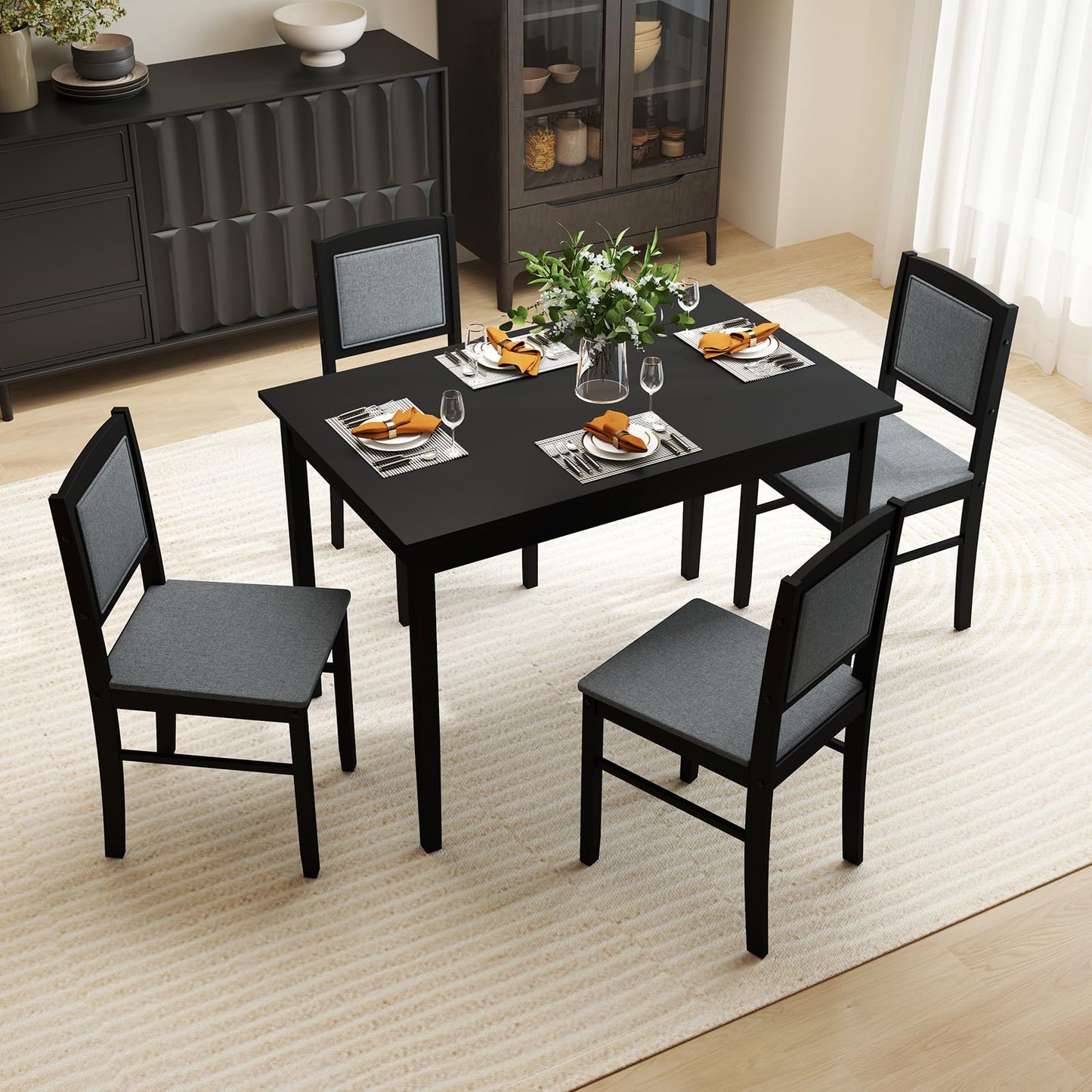 Giantex 5-Piece Dining Table Set for 4, Wooden Kitchen Table and Chairs with Solid Rubber Wood Legs, Padded Seat & Backrest, Space Saving Dinette Set for Home Dining Living Room, Breakfast Nook