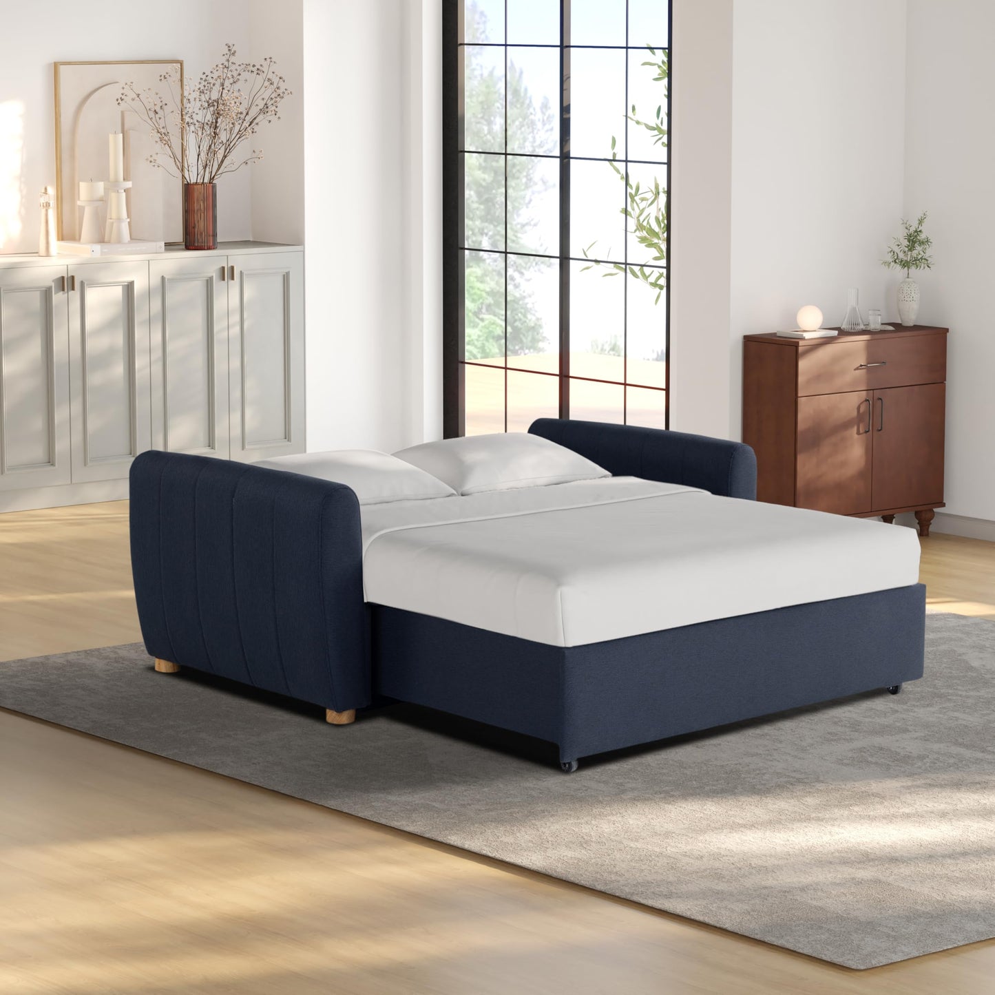 Serta® Galway 66.5" Full-Size Convertible Pop-up Sofa, Dream Coil® Comfort, Finger Guard® Pinch Point Protection, Woven Polyester Fabric, Navy Blue
