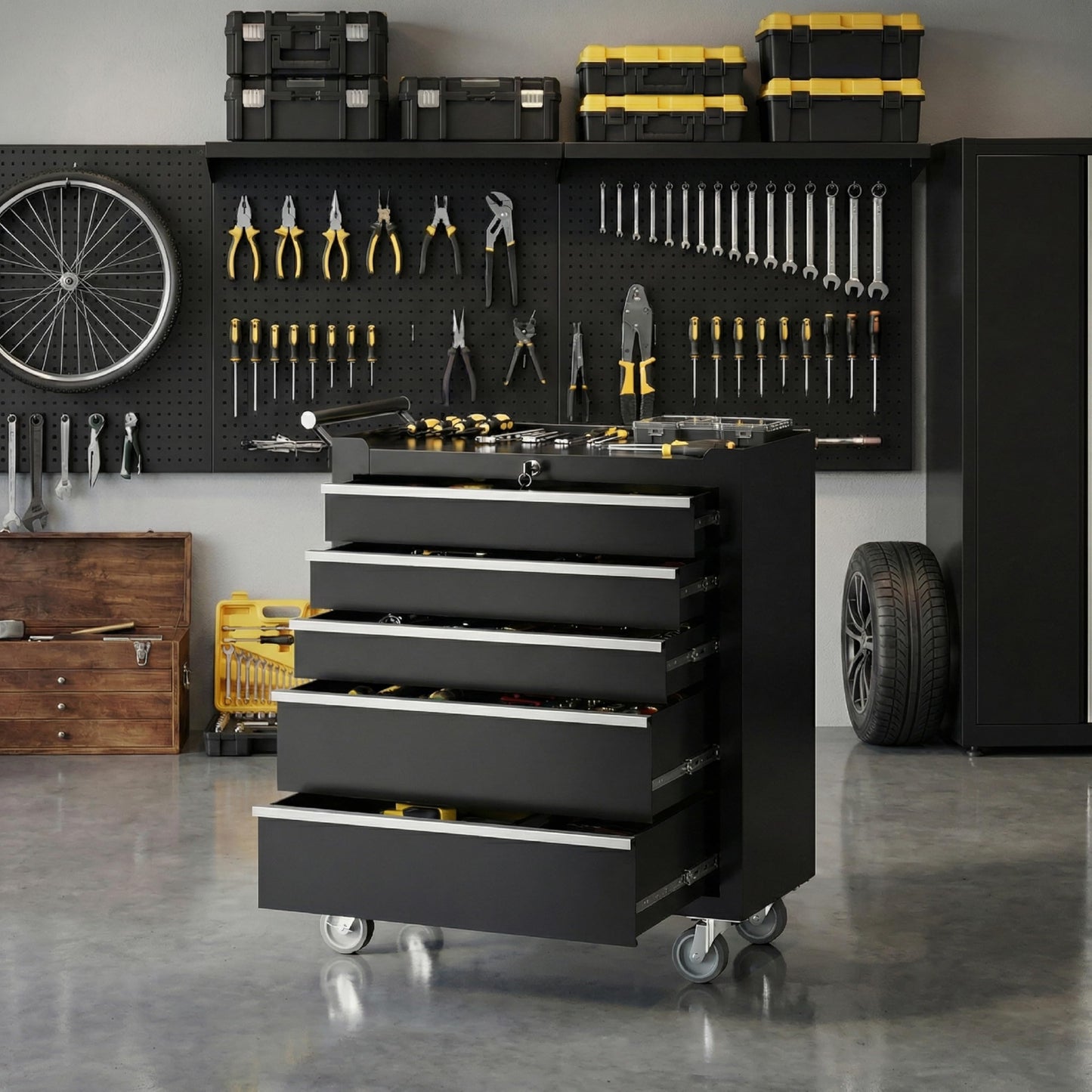GarveeTech 5-Drawer Tool Chest, Rolling Tool Box with Wheels and Lock System, Portable Storage Rolling Tool Chest for Warehouse, Workshop & Repair Shop, Black