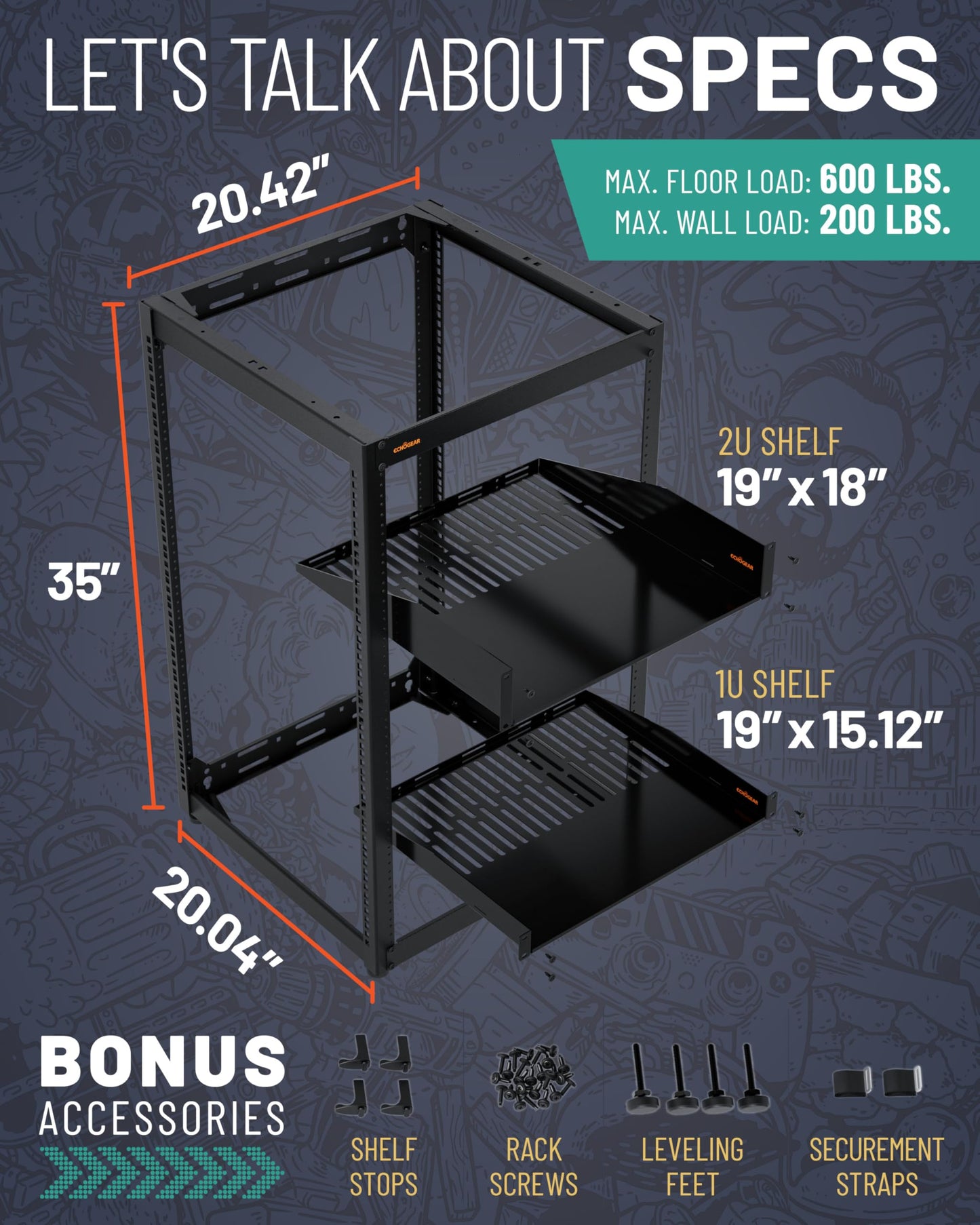 ECHOGEAR 20U Open Frame Rack w/Optimal Air Flow, DIY Assembly, 20.4” Depth