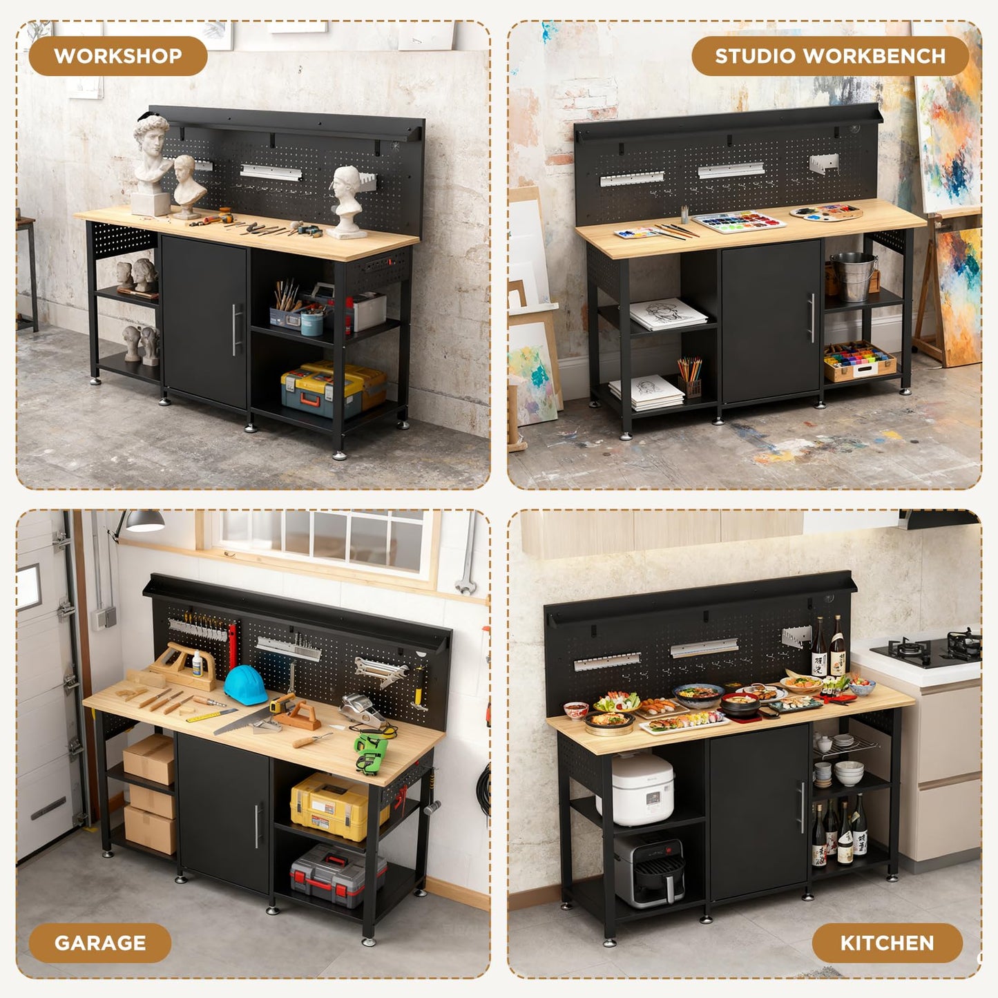 KEIKI 60 Inch Heavy Duty Workbench with Cabinet and Pegboard, Wooden Top Large Garage Work Table with Power Outlet and Open Side Shelves, 2000 lbs Capacity Steel Frame for Shop, Black