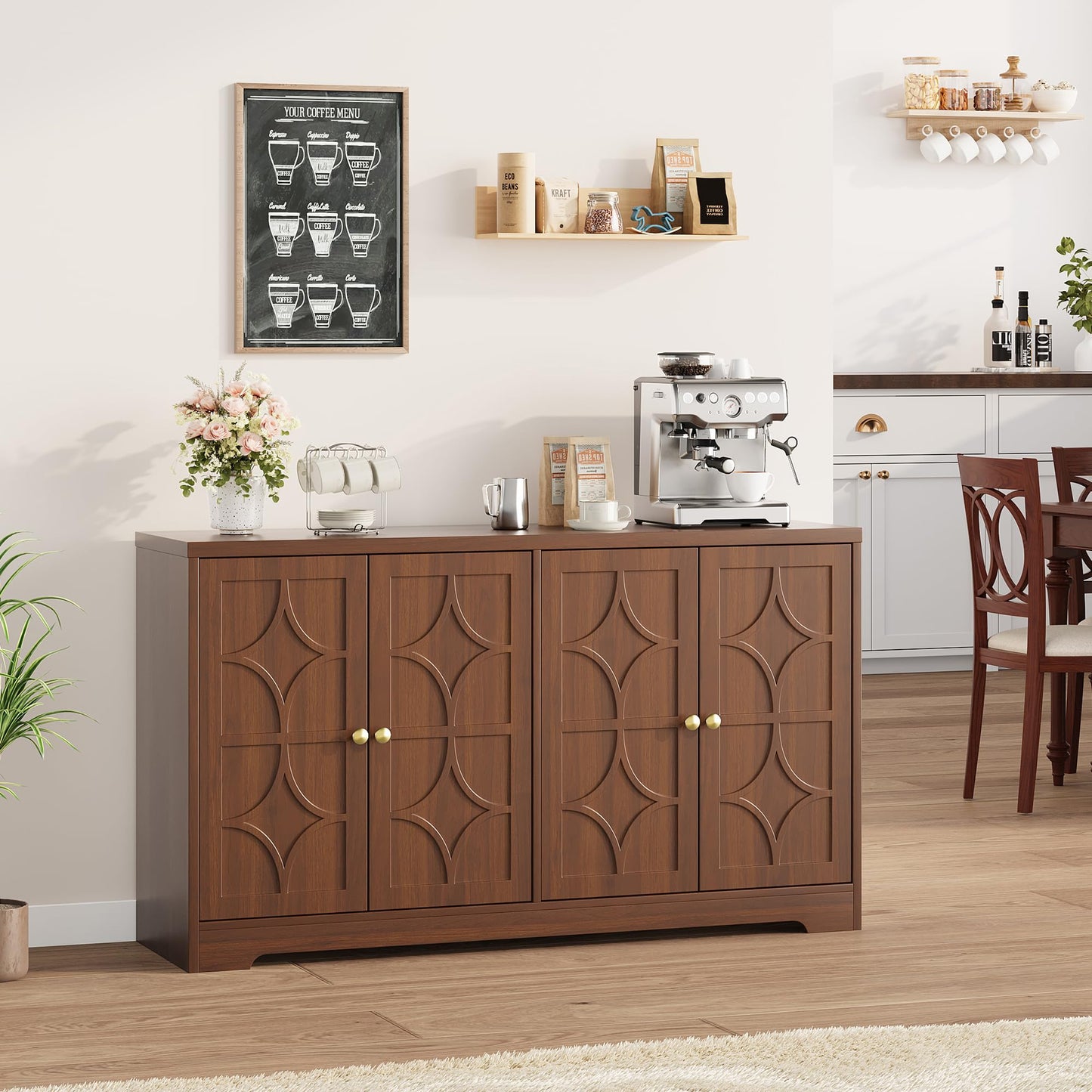 55" Buffet Cabinet with Storage, Sideboard Cabinet with 4 Doors, Wood Coffee Bar Cabinet with Adjustable Shelves, Farmhouse Sideboard Buffet, for Kitchen, Living Room, Entryway, Dining Room (Brown)