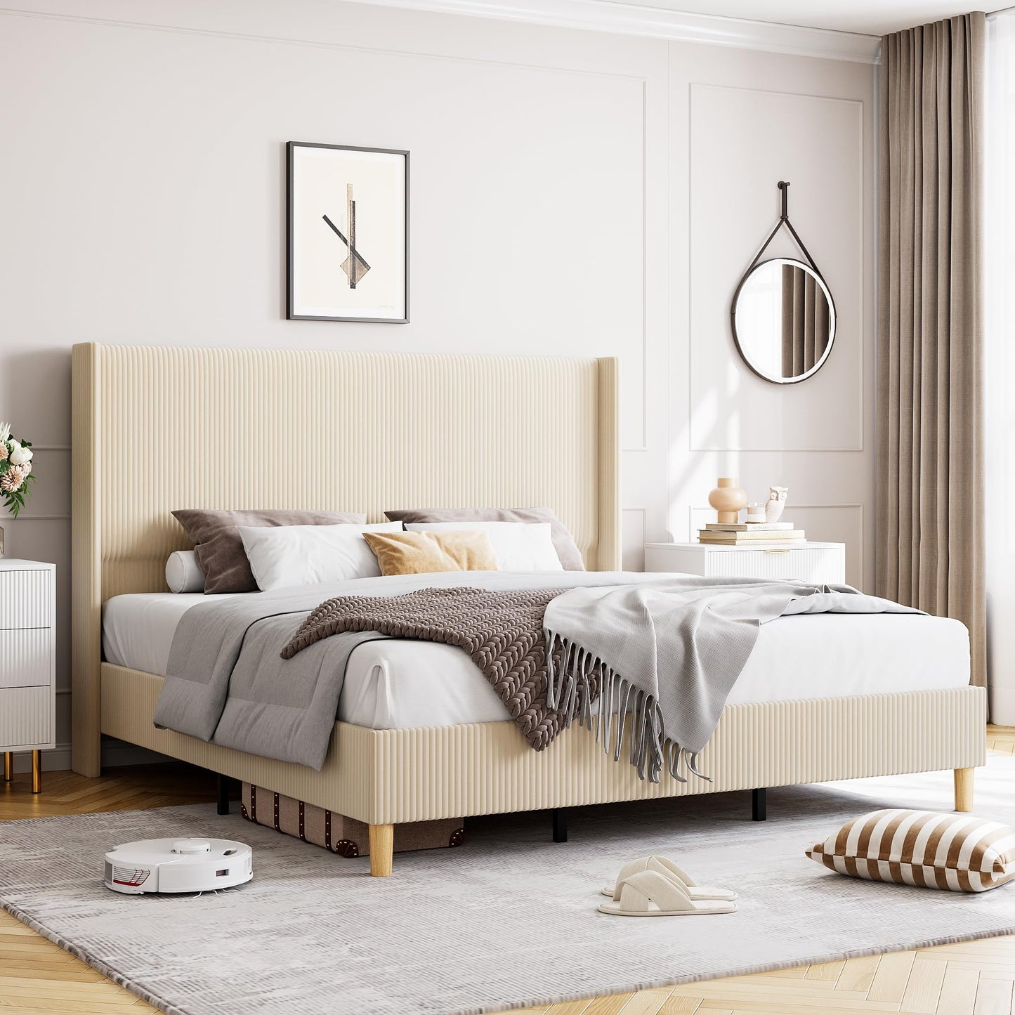IDEALHOUSE Queen Size Upholstered Bed Frame with Channel Tufted Wingback Headboard, Wooden Slat Support, Noise-Minimizing Design, No Box Spring Needed, Beige