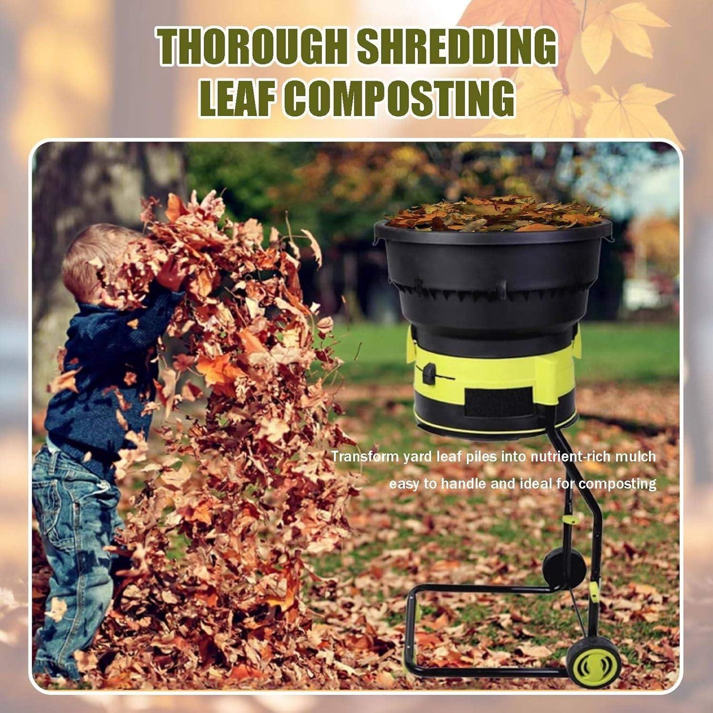 2500W Electric Leaf Mulcher, Garden Leaf Shredder Chipper, 8000RPM Tree Branches Crusher, 17:1 Reduction, Composting Machine with Wheels and Collection Bag, for Home Use and Farms 40m*PowerCord