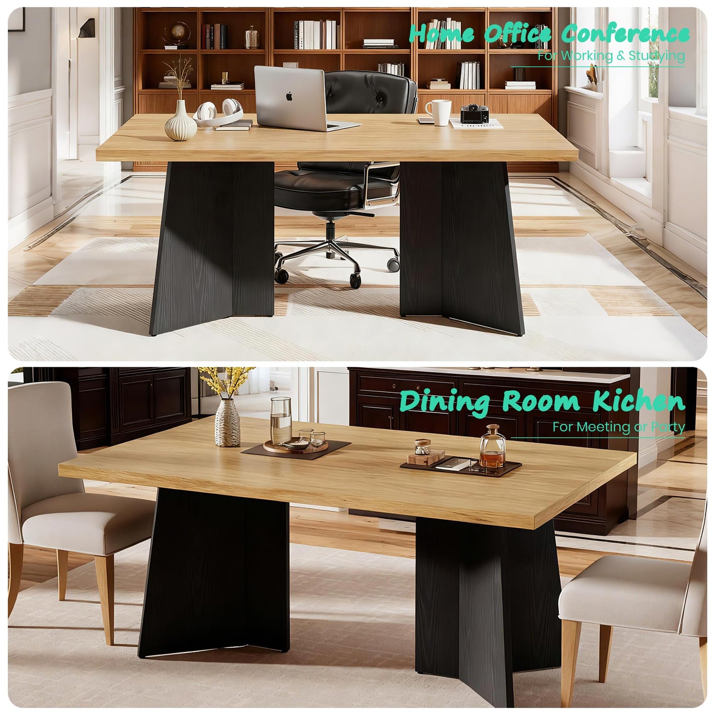 GarveeHome Dining Table for 6-8 People - 63" Modern Long Kitchen Table with Large Tabletop & Heavy Duty Pedestal Legs, Dinner Table for Kitchen, Conference Room, Home, Natural & Black