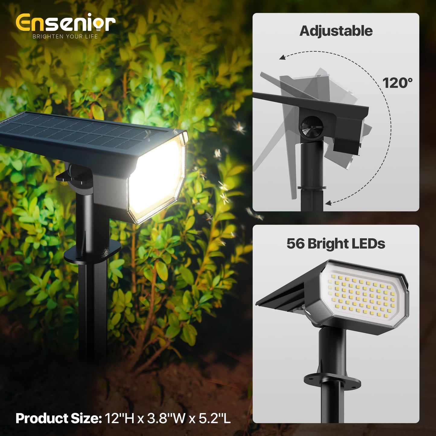 Ensenior Solar Spotlights Outdoor, 6500K LED, Brightness Adjustable, Pack of 4, Cool White, Waterproof, Model CP2-13CM-65K-04-BL