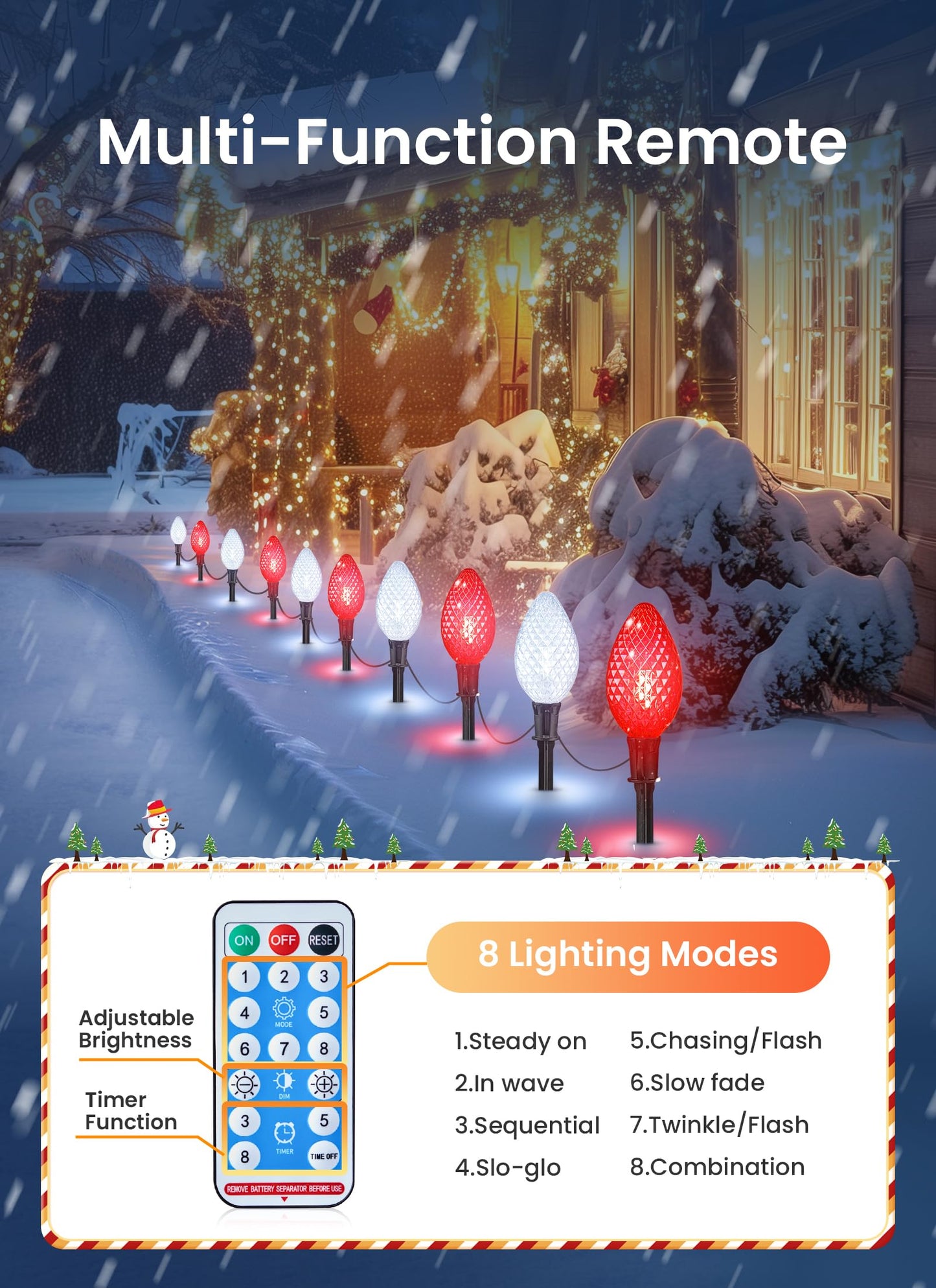 Minetom Solar C9 Strawberry Christmas Pathway Lights - 16FT, 10 LED, 8 Modes, Red & White, Polycarbonate, Model 96ebb898-d573