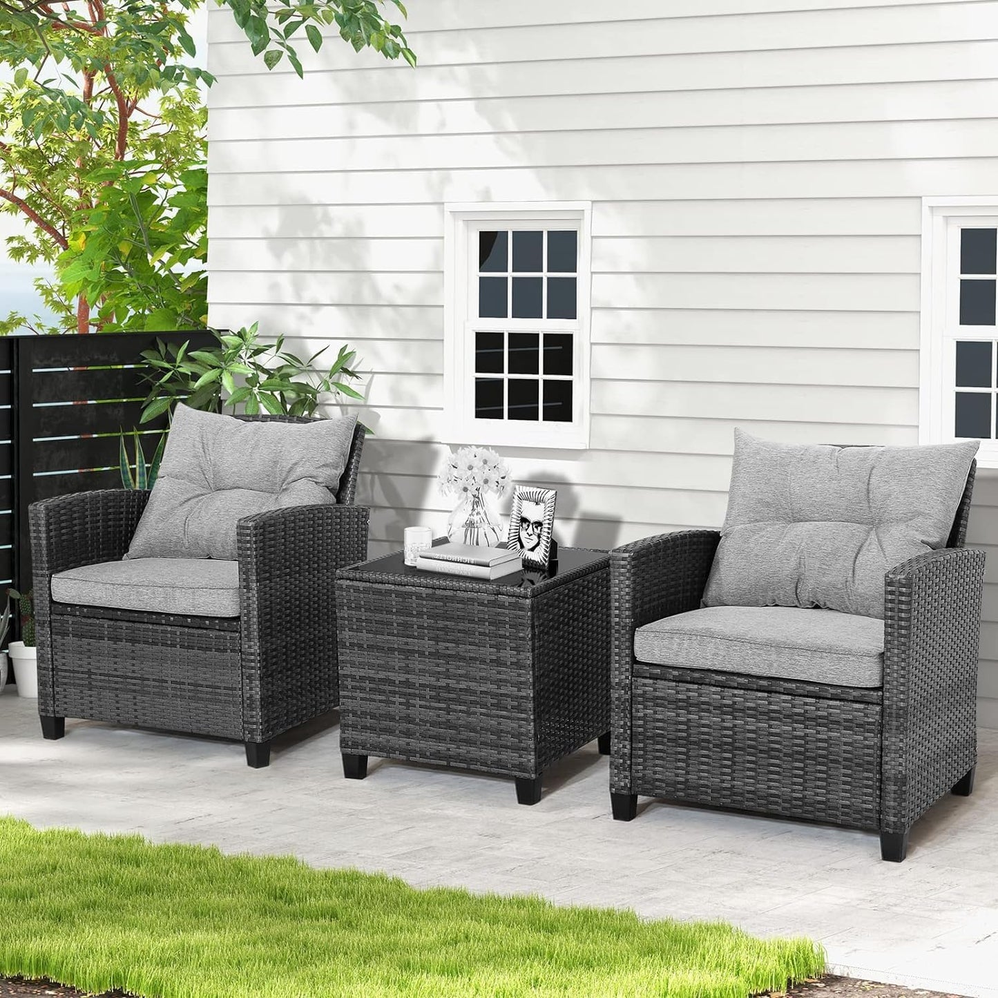 LDAILY Patio Furniture Set, 3 Pieces PE Rattan Wicker Patio Sofa Chairs with Washable Cushion & Glass Table, Outdoor Furniture Conversation Sets for Porch, Balcony, Garden, Poolside (Gray)