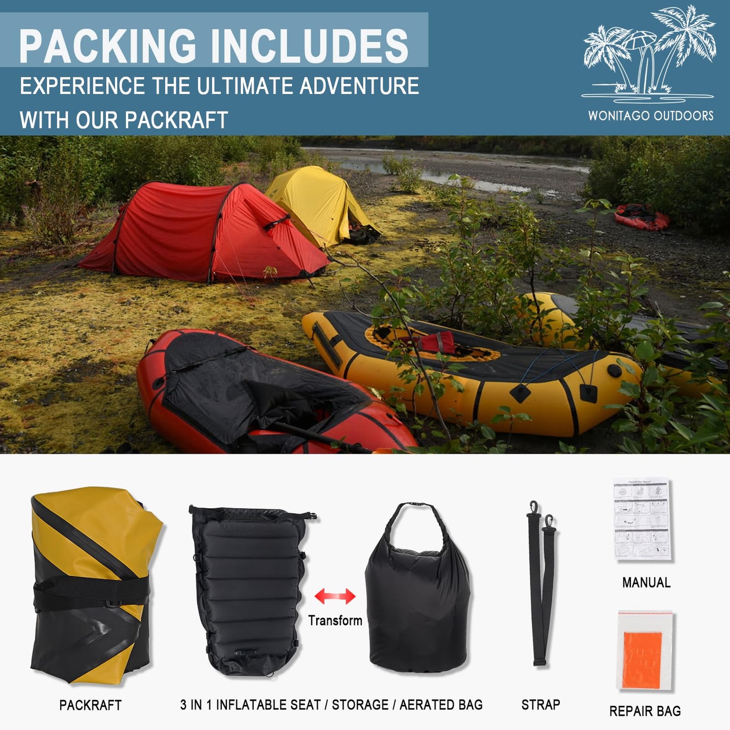WONITAGO Packraft TPU Inflatable Travel Kayak with Soft Seat Lightweight Packrafts for Flat Water Rafting/Bicycle Drifting/Litewater Dinghy, 1 Person, 6.8Ft, Yellow