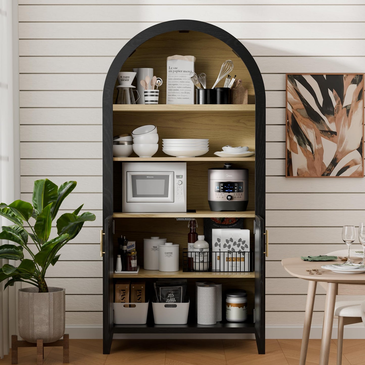 Topcomfy 63" Arched Bookshelf with Rattan Doors, Mid Century Modern Bookcase with Adjustable Shelves, 5-Tier Wood Storage Display Cabinet for Living Room, Home Office, Black